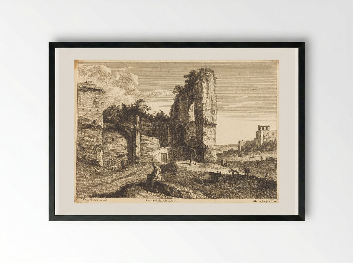 Ruins with Seated Figure - Jean Morin - Framed Print Black