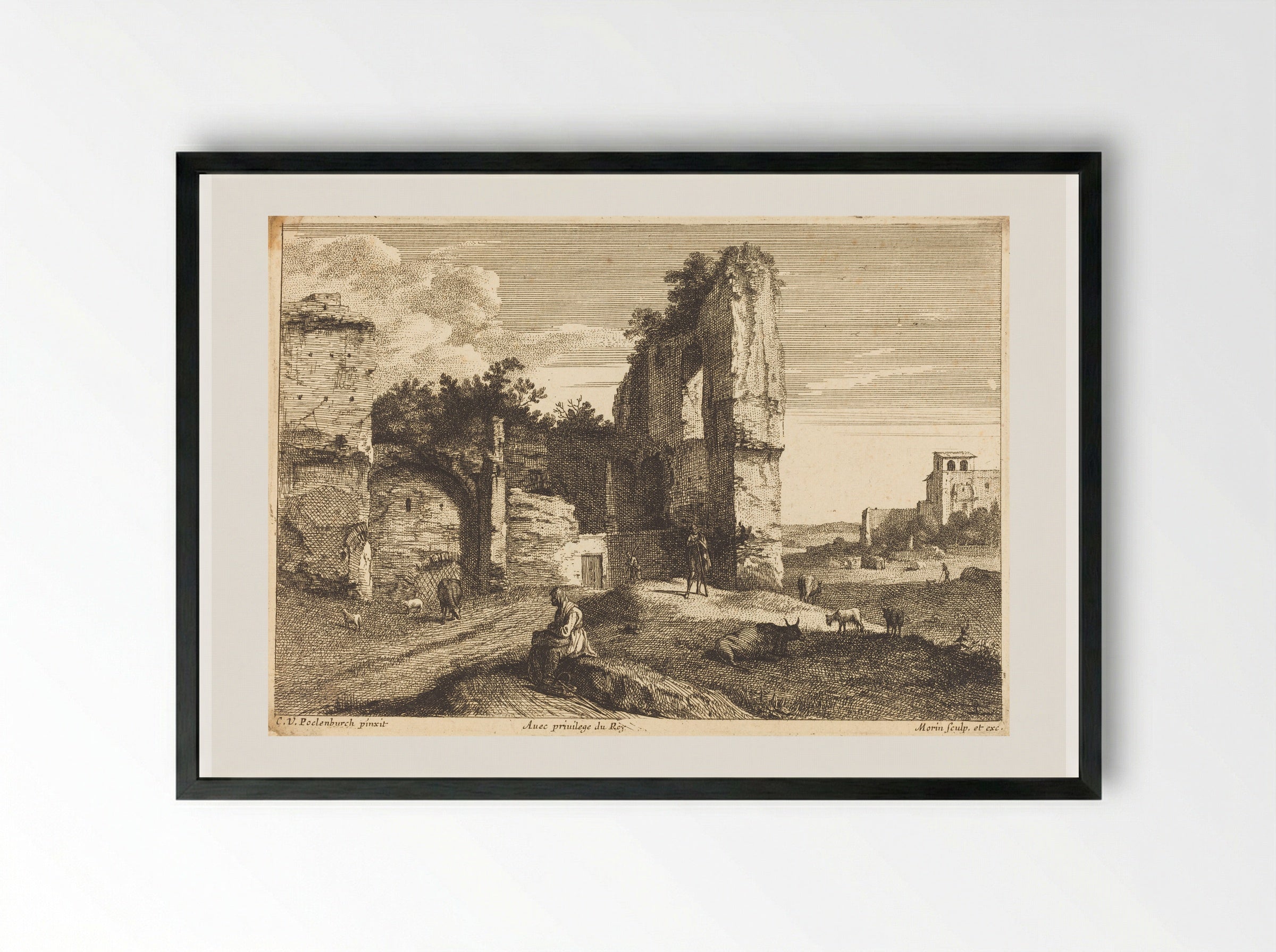 Ruins with Seated Figure - Jean Morin - Framed Print Black