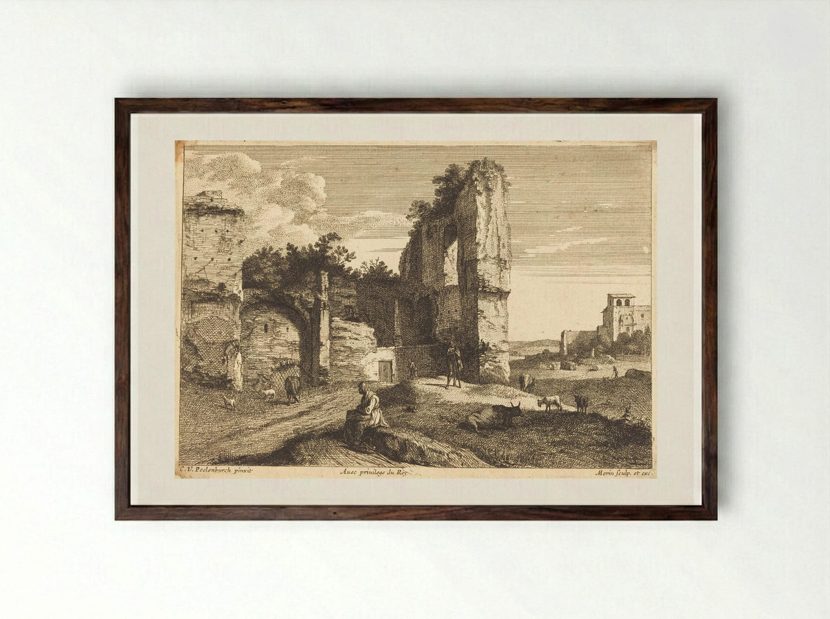 Ruins with Seated Figure - Jean Morin - Framed Print Dark Wood