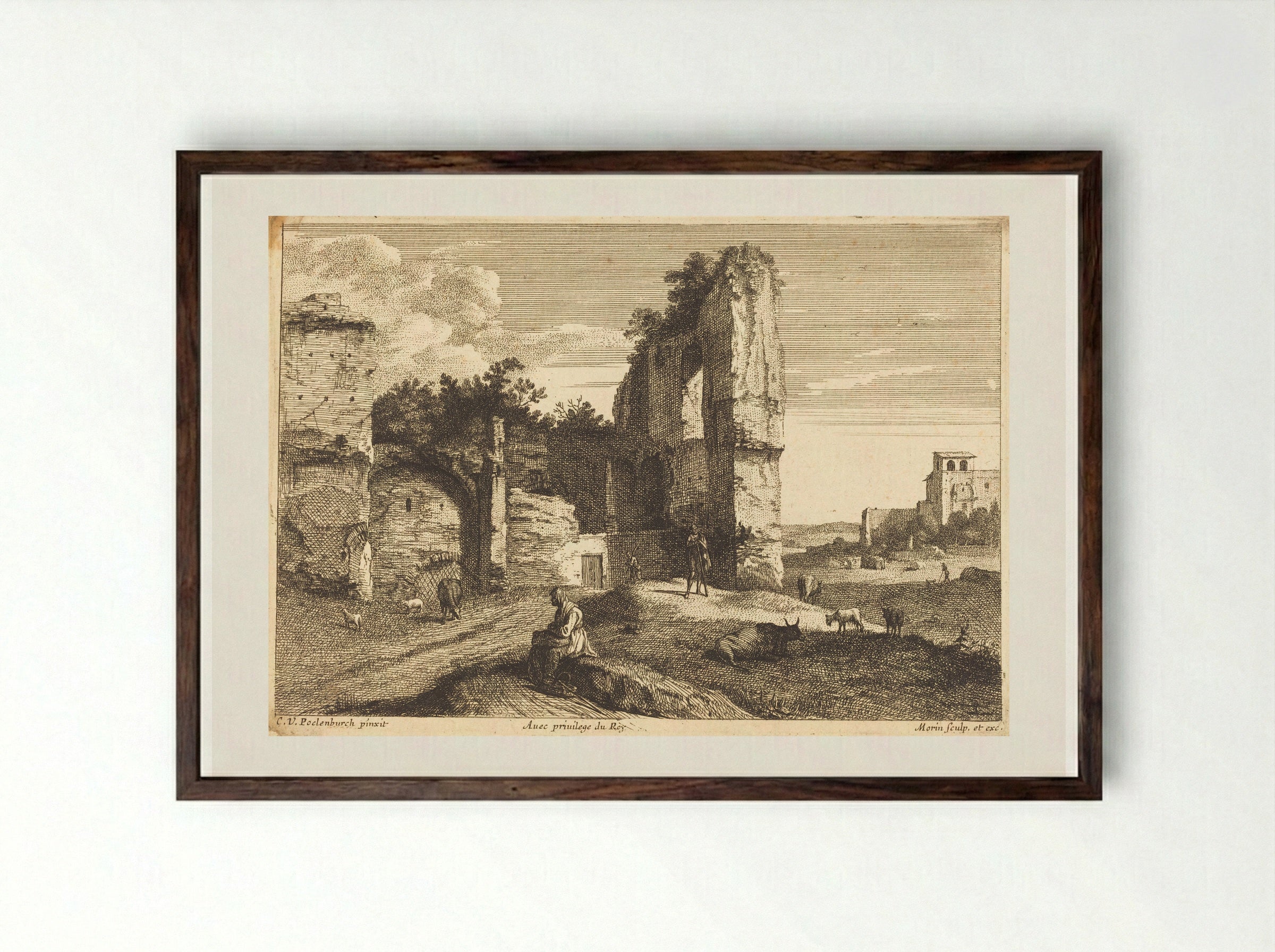 Ruins with Seated Figure - Jean Morin - Framed Print Dark Wood