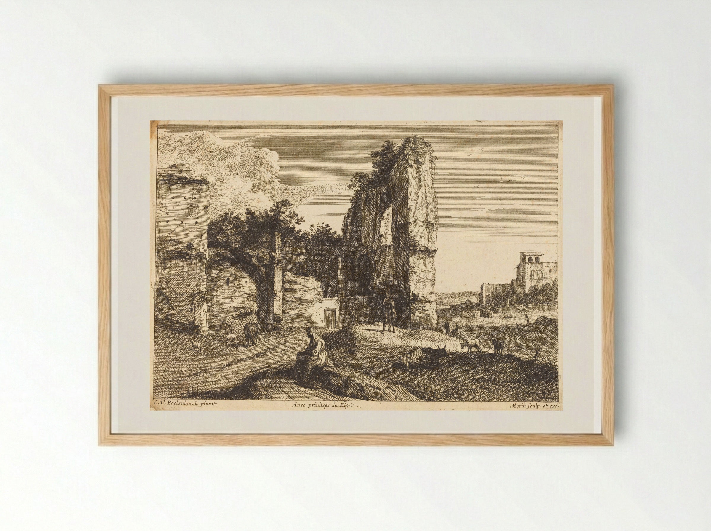 Ruins with Seated Figure - Jean Morin - Framed Print Wood