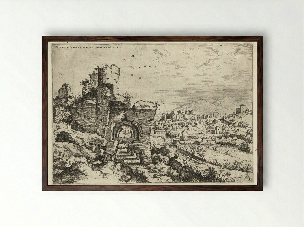 Ruinvarum Palatii Maioris Prospectus - Hieronymus Cock - Framed Print Dark Wood
