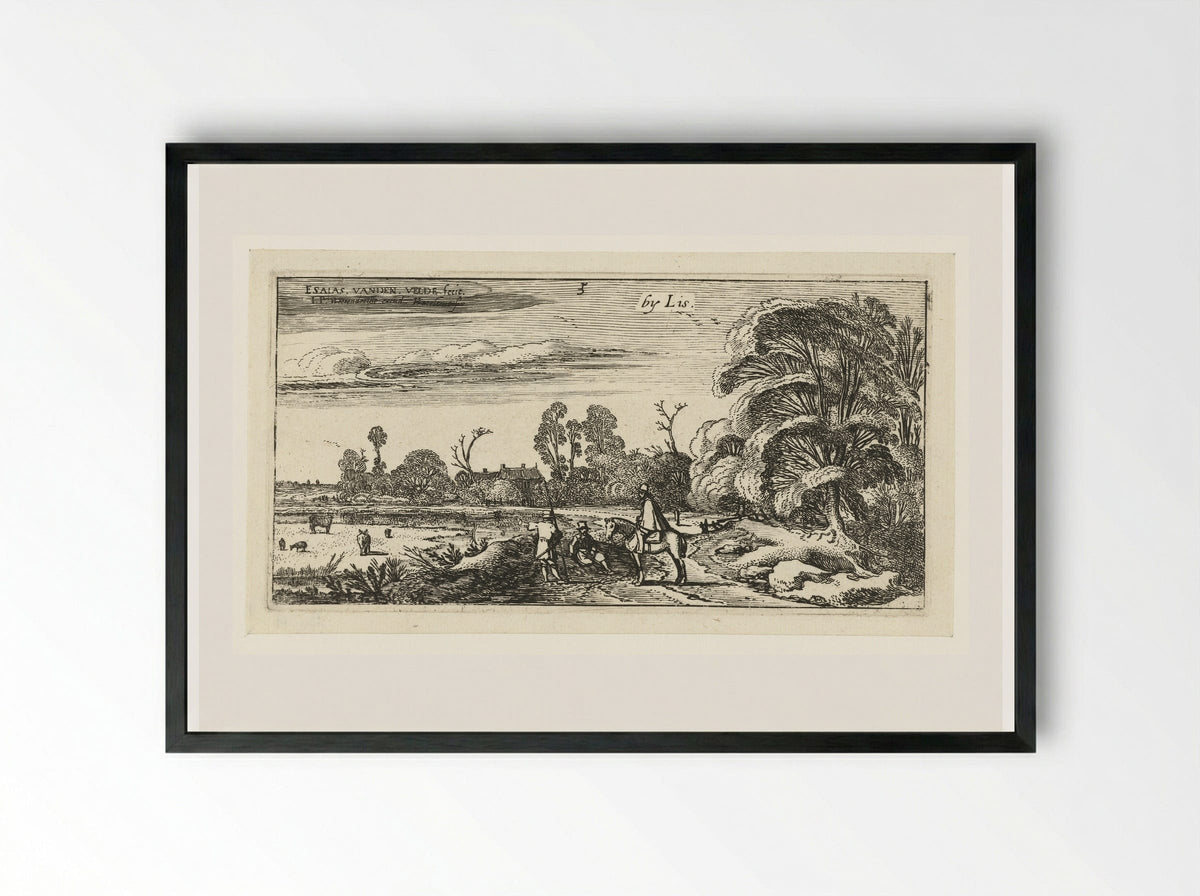 Ruiter en wandelaars op een weg bij Lisse - Esaias van de Velde - Framed Print Black
