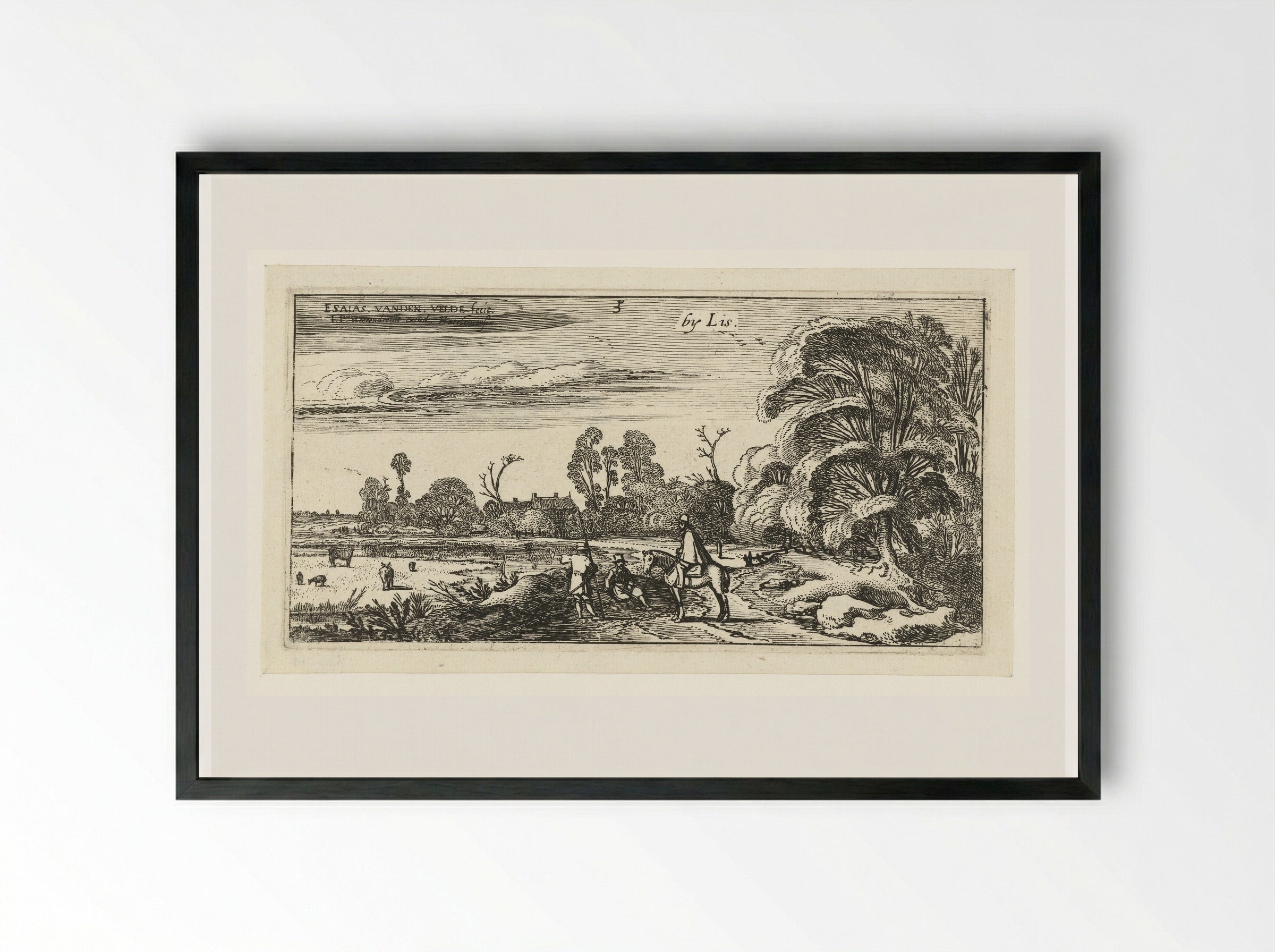Ruiter en wandelaars op een weg bij Lisse - Esaias van de Velde - Framed Print Black