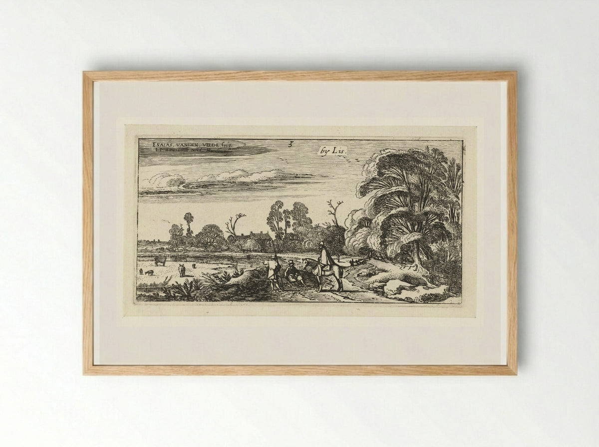 Ruiter en wandelaars op een weg bij Lisse - Esaias van de Velde - Framed Print Wood