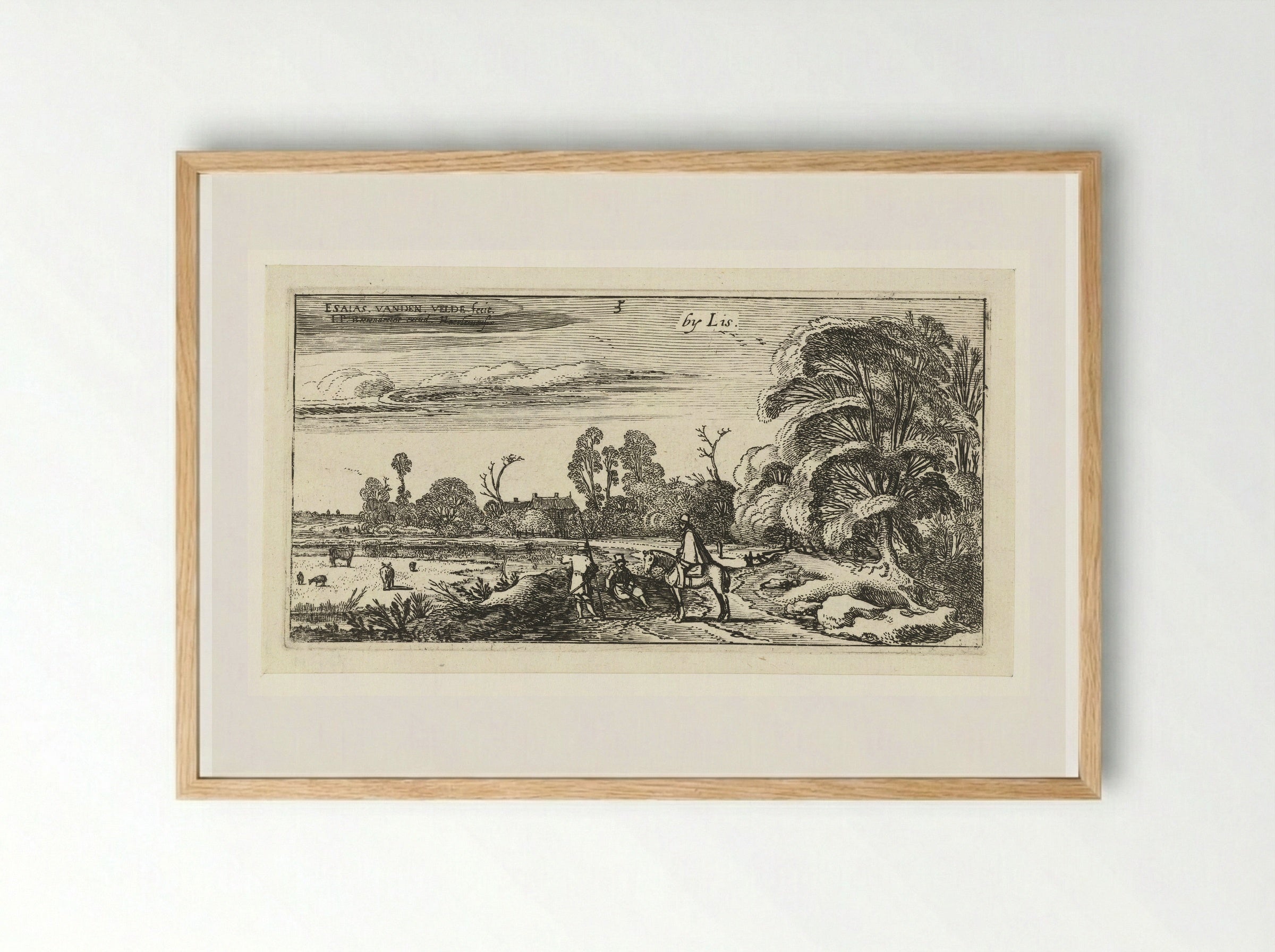 Ruiter en wandelaars op een weg bij Lisse - Esaias van de Velde - Framed Print Wood