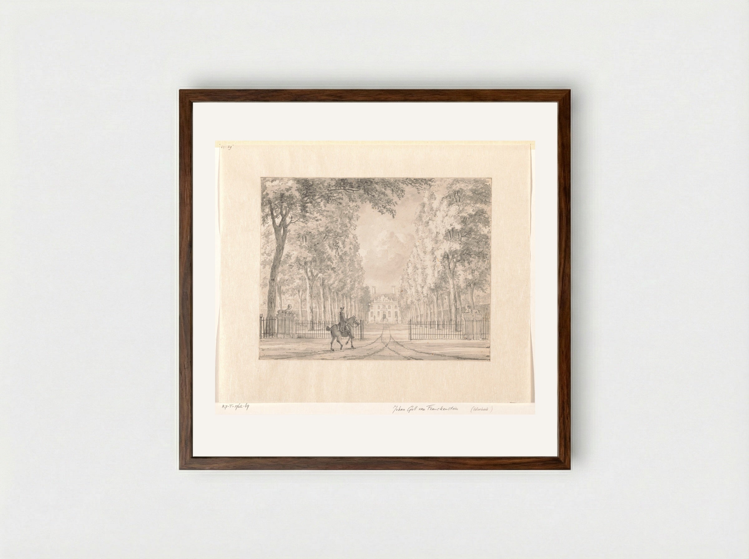 Ruiter voor het hek van een buitenplaats (Velserbeek?) - Johann Goll van Frankenstein (I) - Framed Print Dark Wood