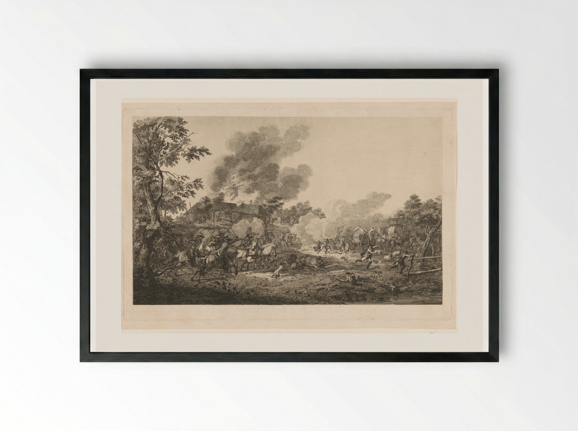 Ruitercharge bij een brandende molen - Joannes Bemme - Framed Print Black
