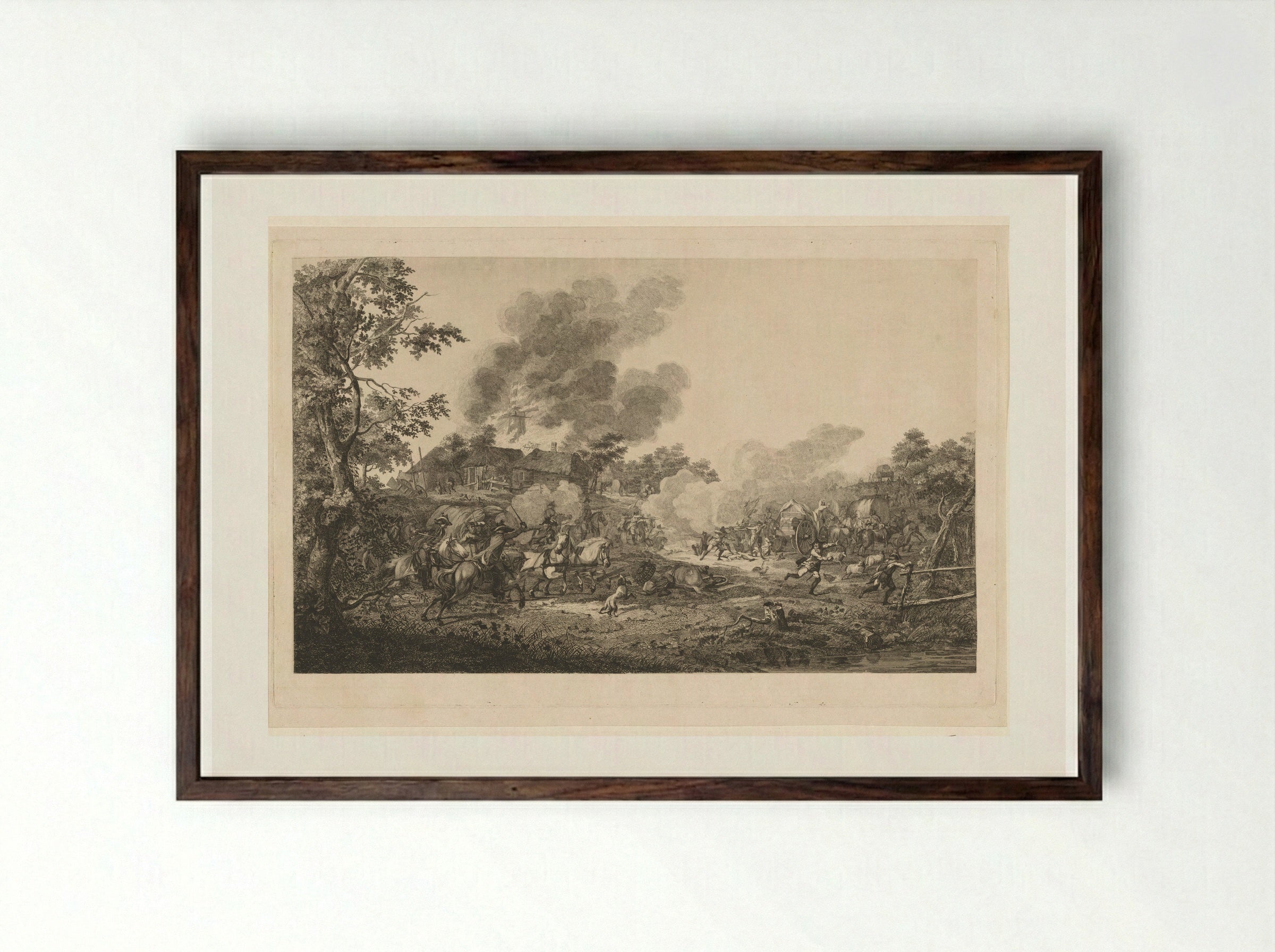 Ruitercharge bij een brandende molen - Joannes Bemme - Framed Print Dark Wood