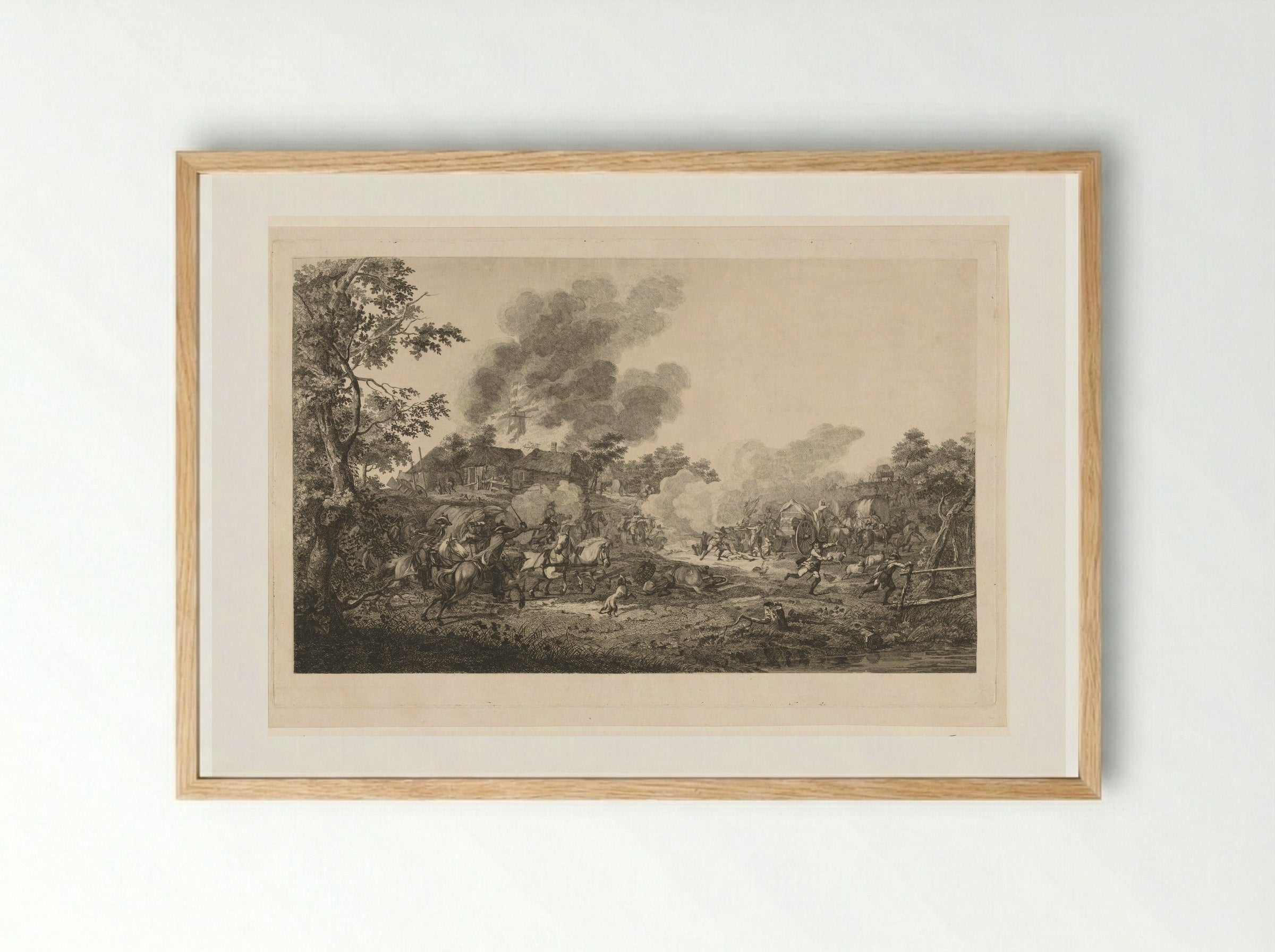 Ruitercharge bij een brandende molen - Joannes Bemme - Framed Print Wood