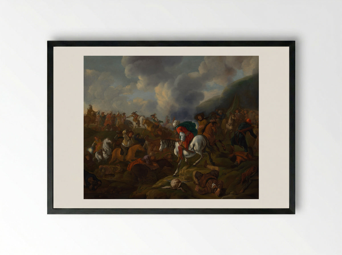 Ruitergevecht tussen Turkse troepen en troepen van de Oostenrijkse keizer - Jacques Muller - Framed Print Black