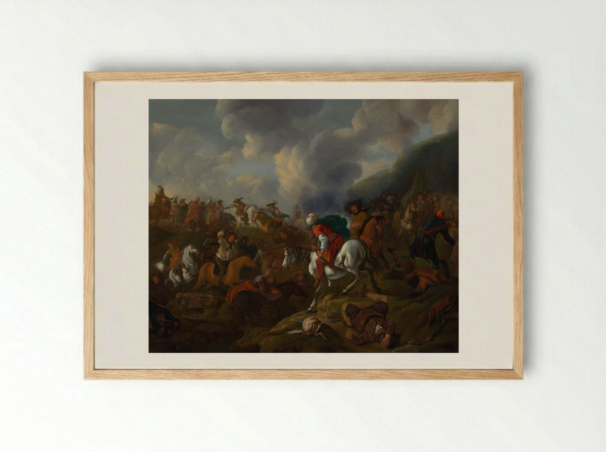 Ruitergevecht tussen Turkse troepen en troepen van de Oostenrijkse keizer - Jacques Muller - Framed Print Wood