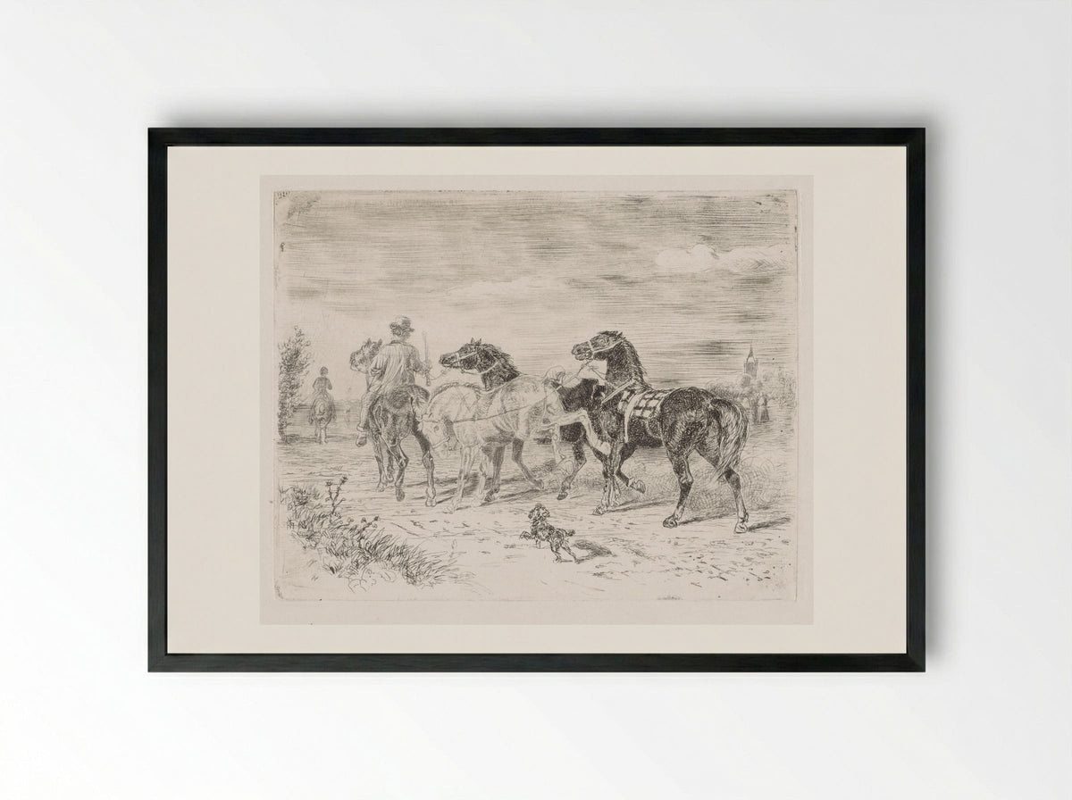 Ruiters met paarden - Cornelis Albertus Johannes Schermer - Framed Print Black