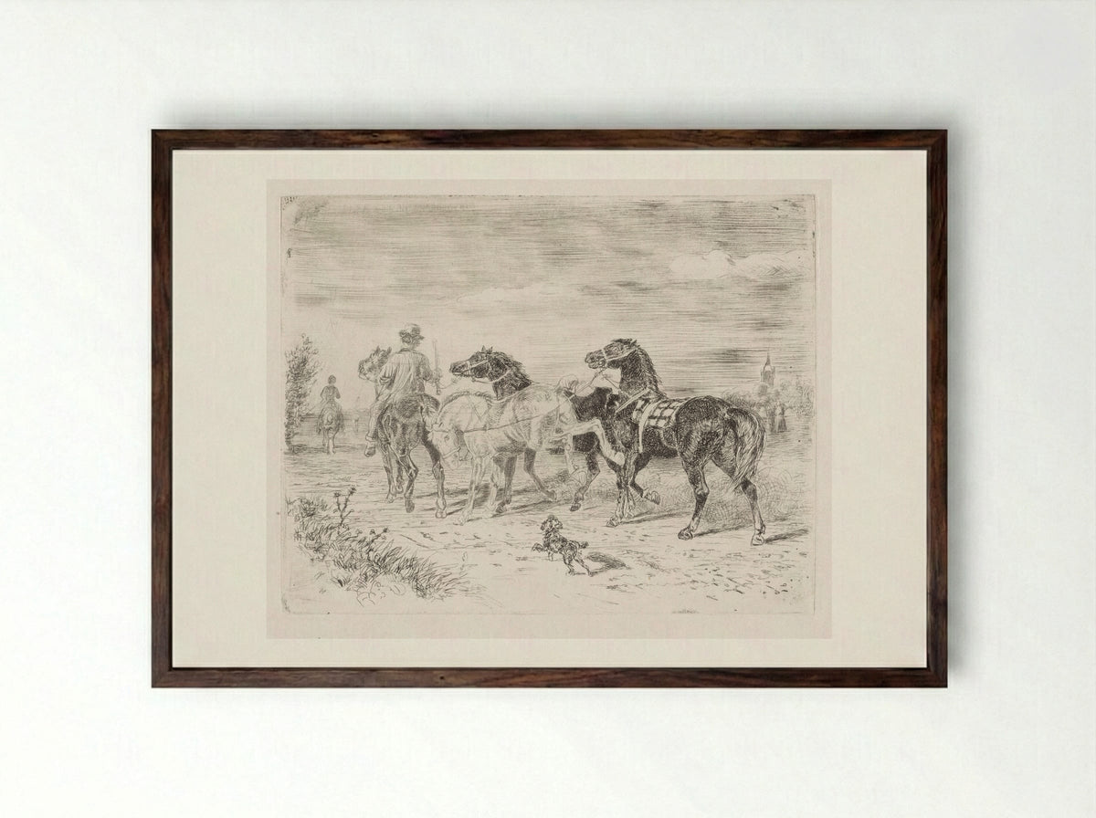 Ruiters met paarden - Cornelis Albertus Johannes Schermer - Framed Print Dark Wood