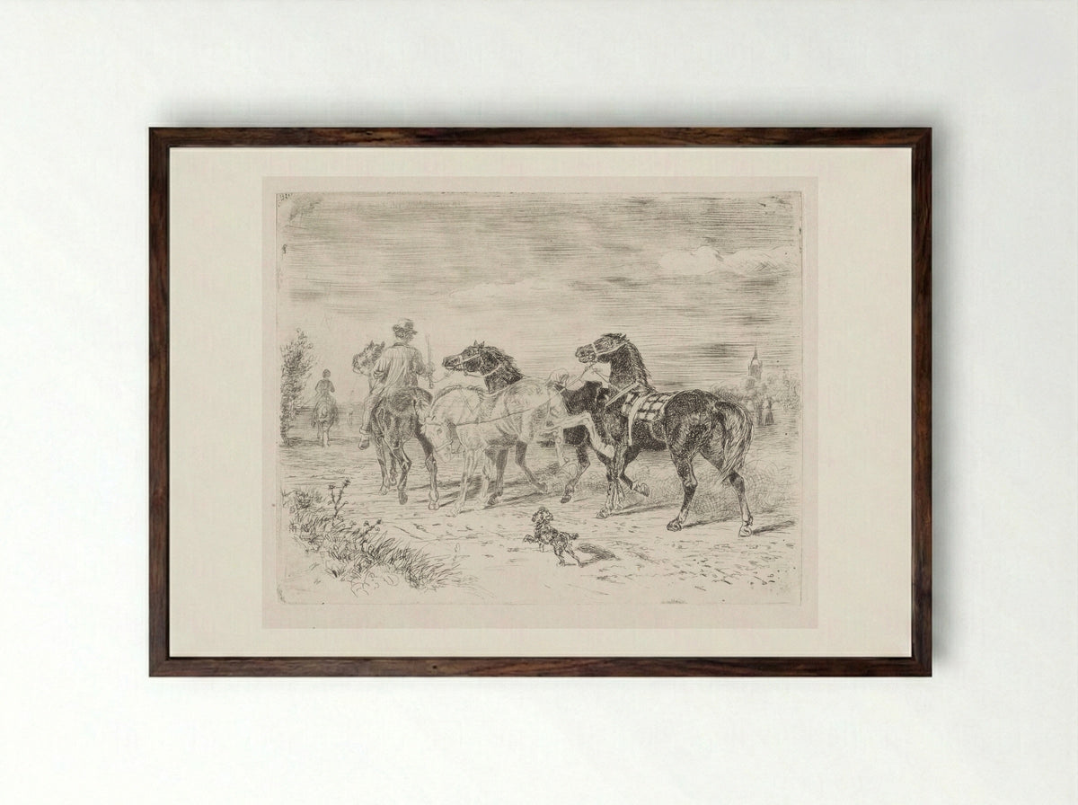 Ruiters met paarden - Cornelis Albertus Johannes Schermer - Framed Print Dark Wood