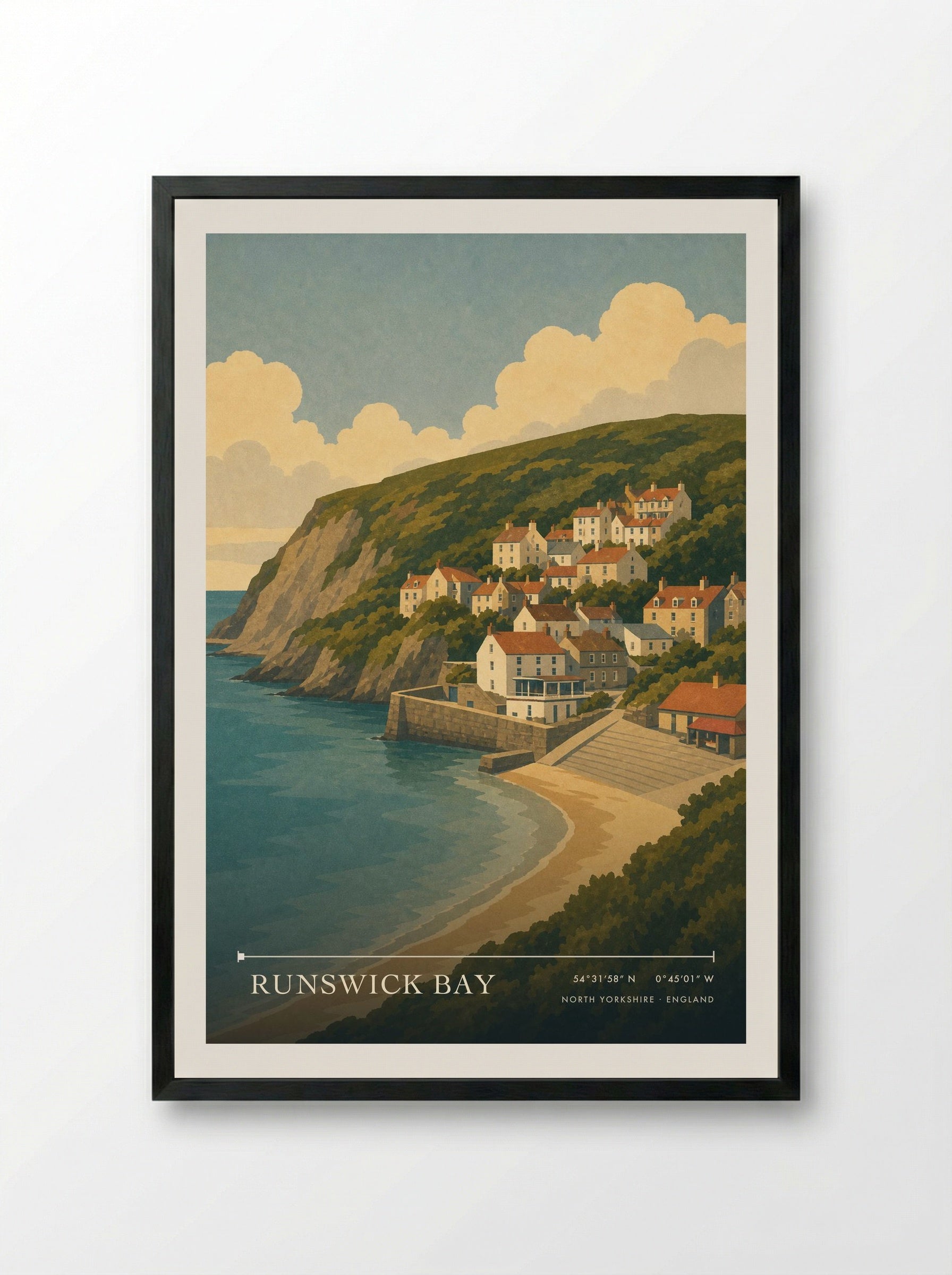 Runswick Bay Yorkshire Travel Poster - Framed Print Black