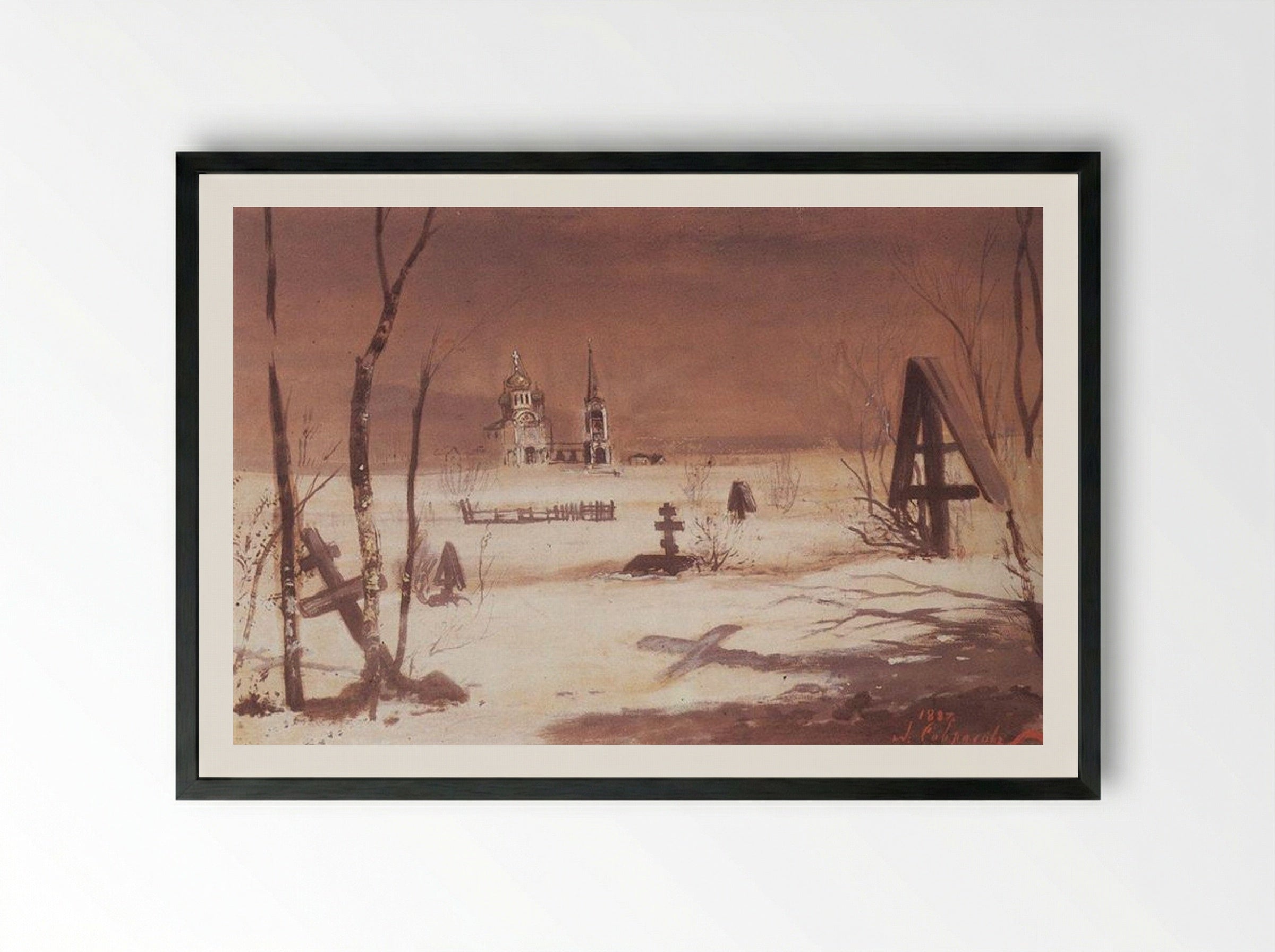 Rural Cemetery in the Moonlight - Aleksey Savrasov - Framed Print Black