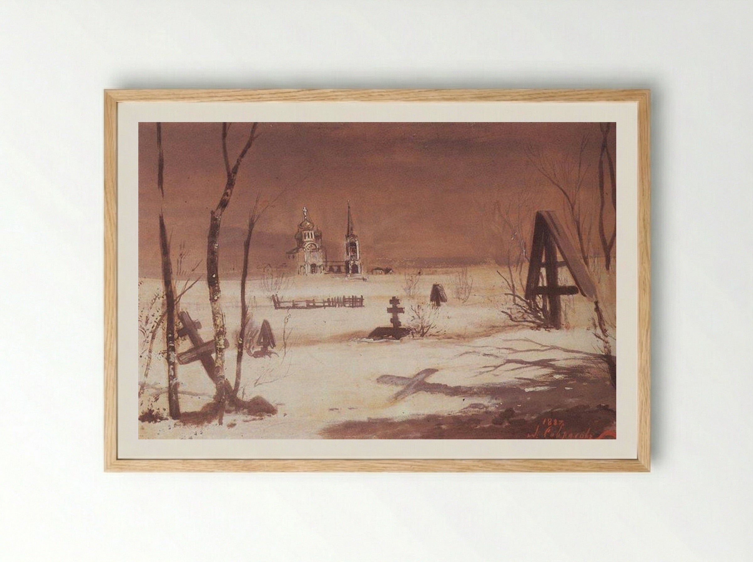 Rural Cemetery in the Moonlight - Aleksey Savrasov - Framed Print Wood