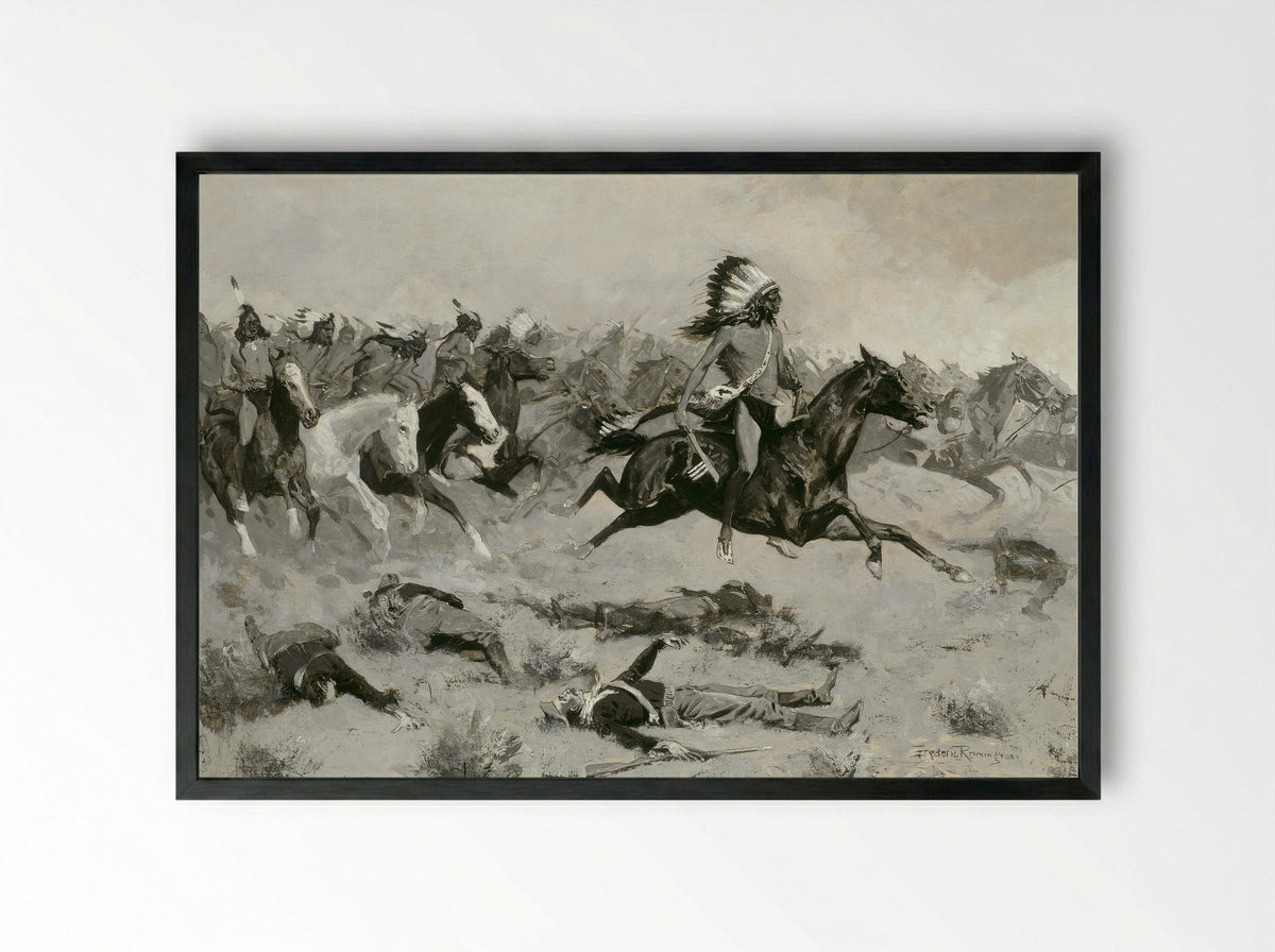 Rushing Red Lodges Passed through the Line - Frederic Remington - Framed Print Black