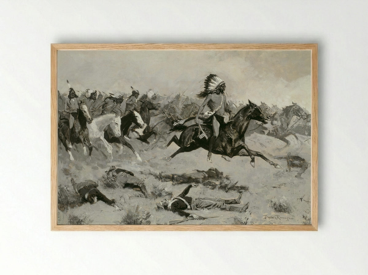 Rushing Red Lodges Passed through the Line - Frederic Remington - Framed Print Wood