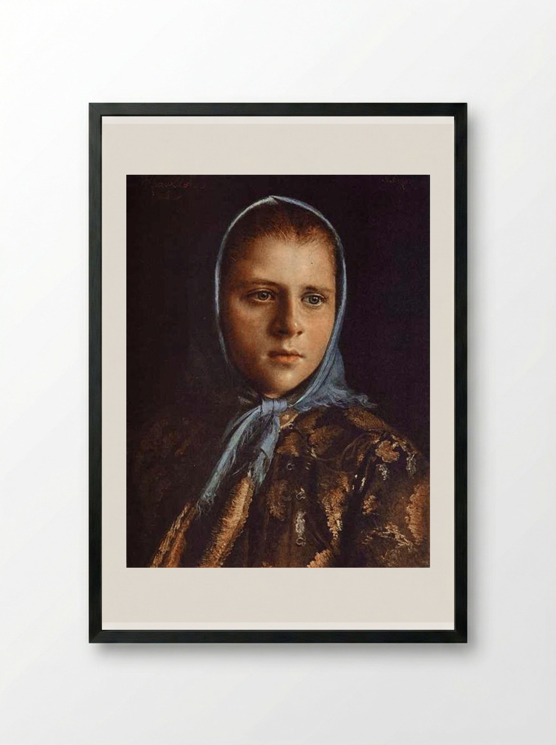 Russian Girl in a Blue Shawl - Ivan Kramskoy - Framed Print Black