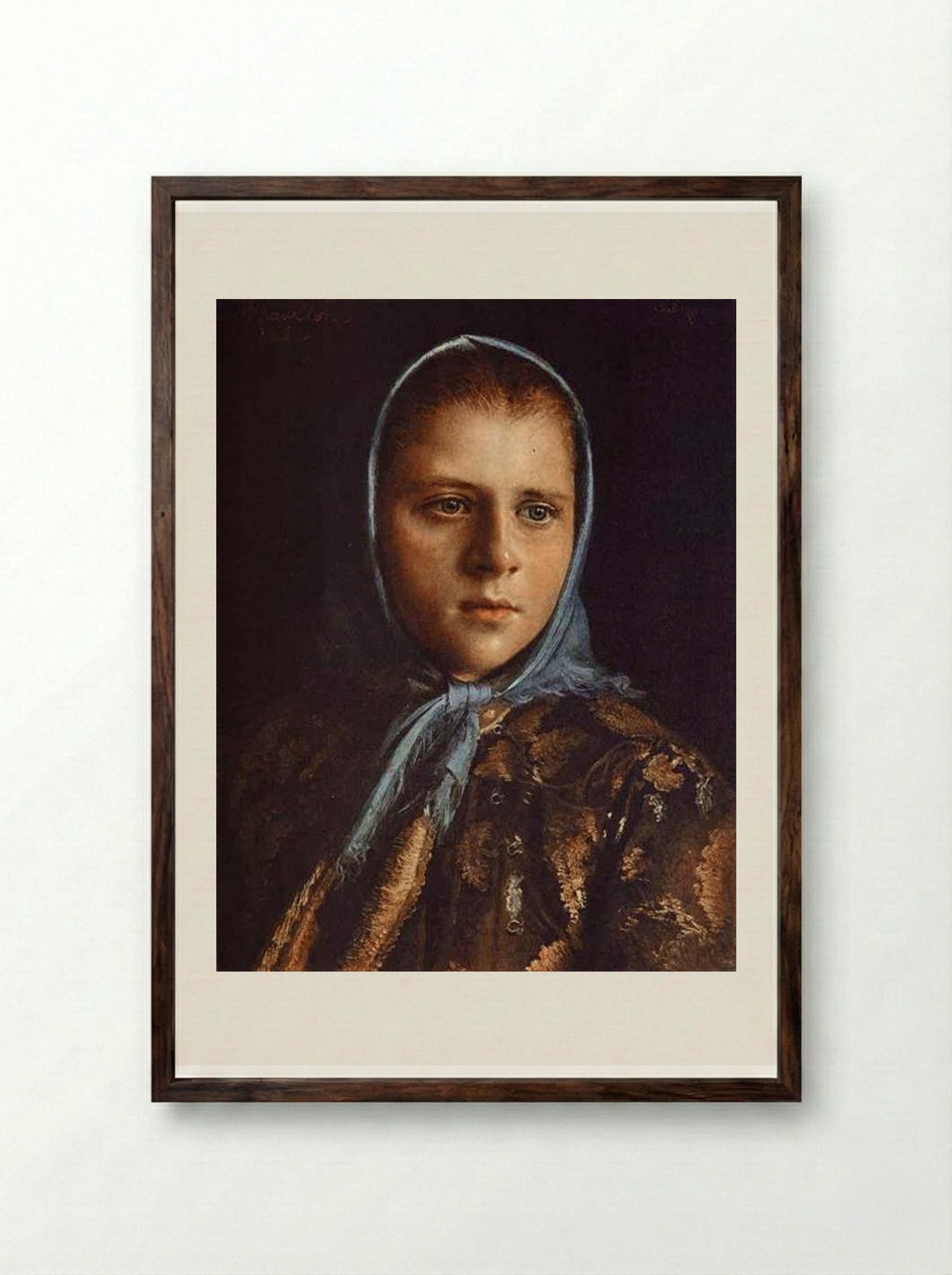 Russian Girl in a Blue Shawl - Ivan Kramskoy - Framed Print Dark Wood
