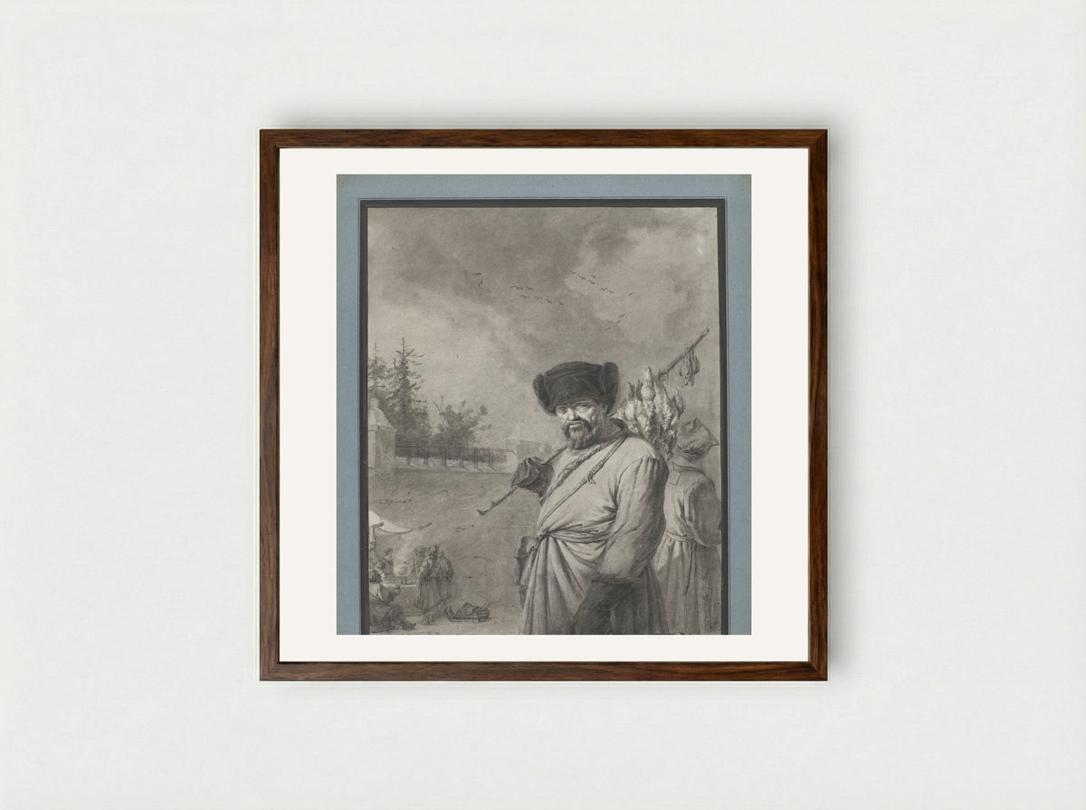 Russian Peasant with Game Birds on a Pole - Charles Echard - Framed Print Dark Wood