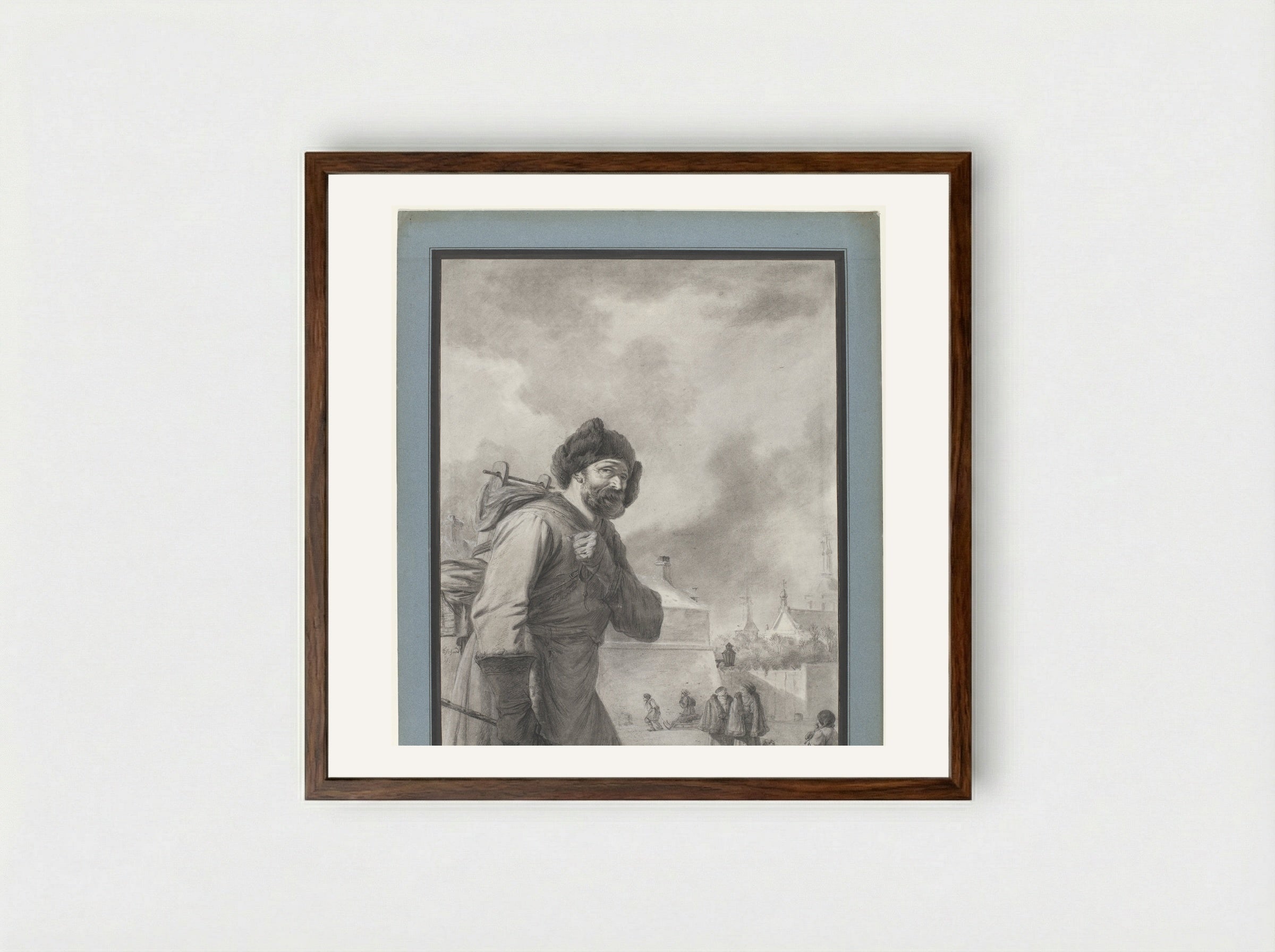Russian Peasant with a Small Barrel on His Back - Charles Echard - Framed Print Dark Wood