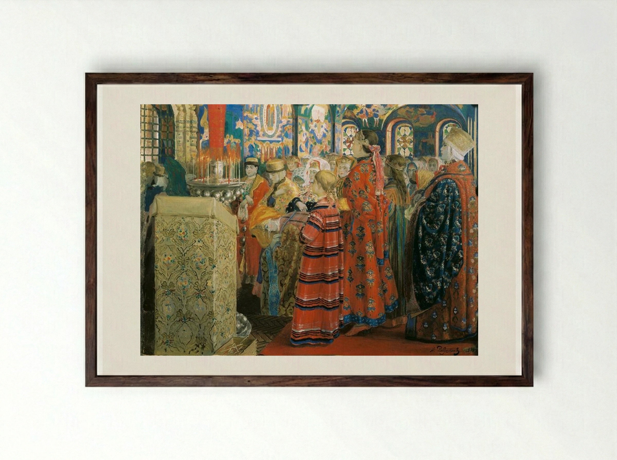 Russian Women of the XVII Century in Church - Andrei Ryabushkin - Framed Print Dark Wood