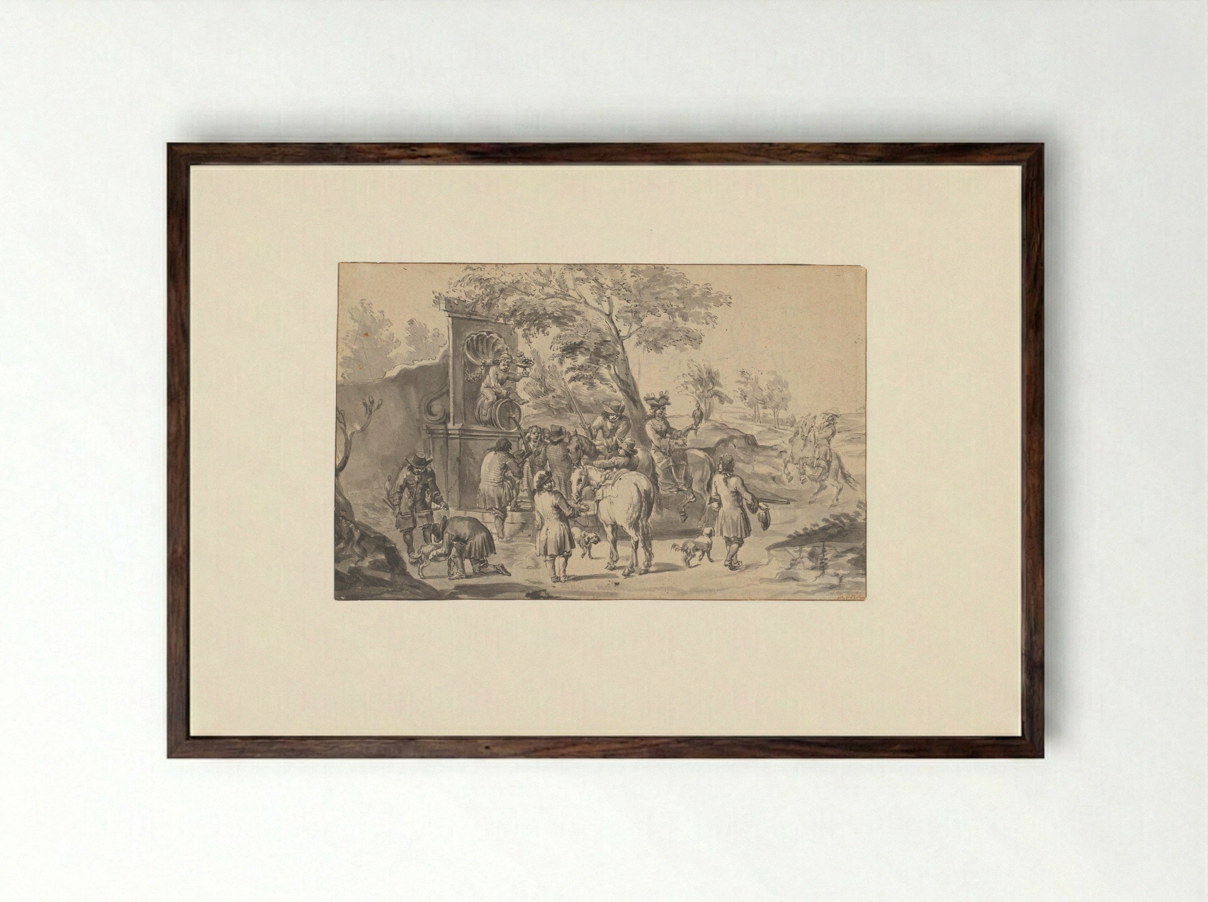 Rust op de valkenjacht, bij een Bacchus-bron - Pieter Bout - Framed Print Dark Wood