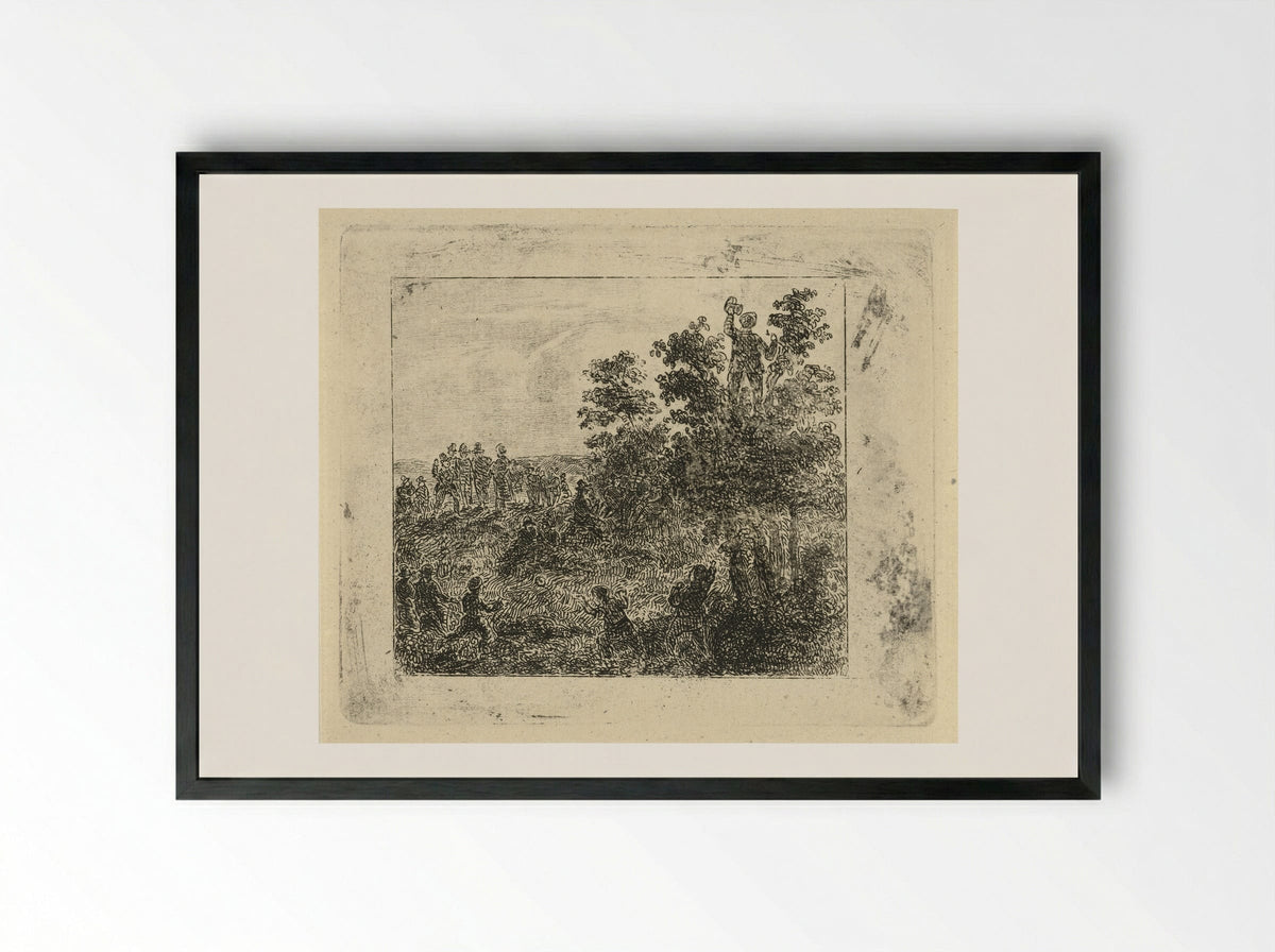 Rustend groepje wandelaars met balspelende kinderen - Johannes Adrianus van der Drift - Framed Print Black