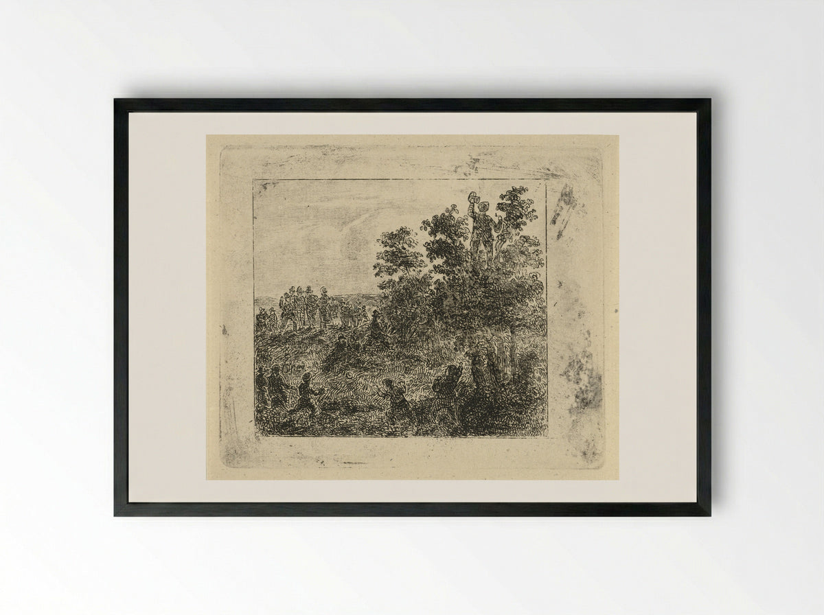 Rustend groepje wandelaars met balspelende kinderen - Johannes Adrianus van der Drift - Framed Print Black