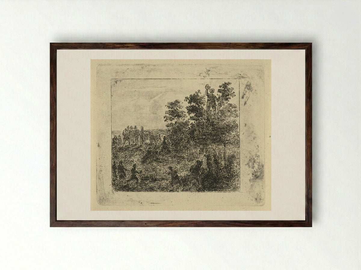 Rustend groepje wandelaars met balspelende kinderen - Johannes Adrianus van der Drift - Framed Print Dark Wood