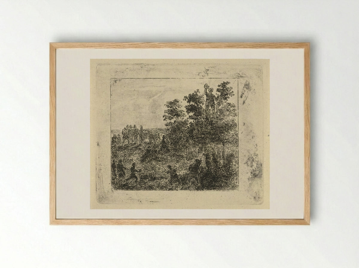 Rustend groepje wandelaars met balspelende kinderen - Johannes Adrianus van der Drift - Framed Print Wood