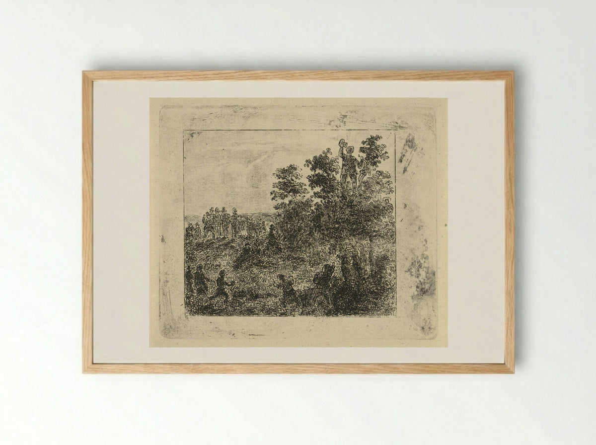 Rustend groepje wandelaars met balspelende kinderen - Johannes Adrianus van der Drift - Framed Print Wood