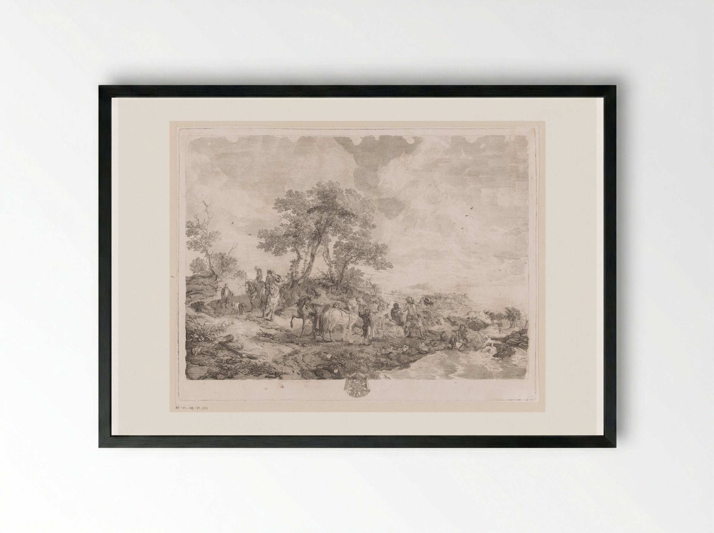 Rustend jachtgezelschap bij een beek - Jean Moyreau - Framed Print Black