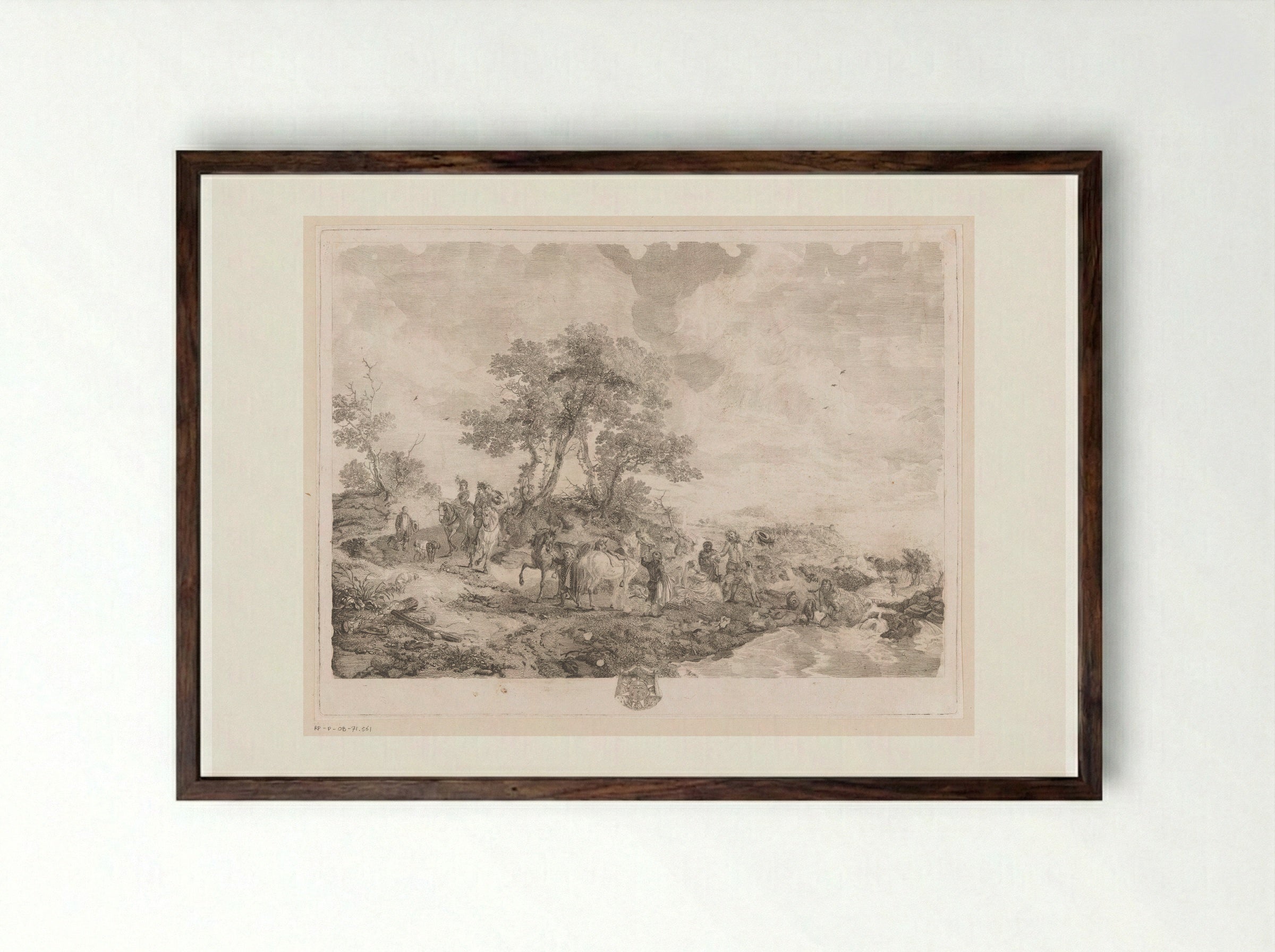 Rustend jachtgezelschap bij een beek - Jean Moyreau - Framed Print Dark Wood
