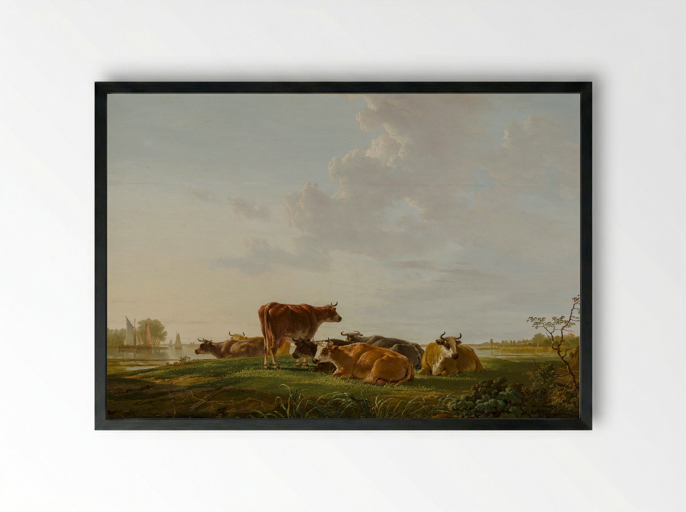 Rustend vee aan een bosrand bij een poel - Jacob van Strij - Framed Print Black