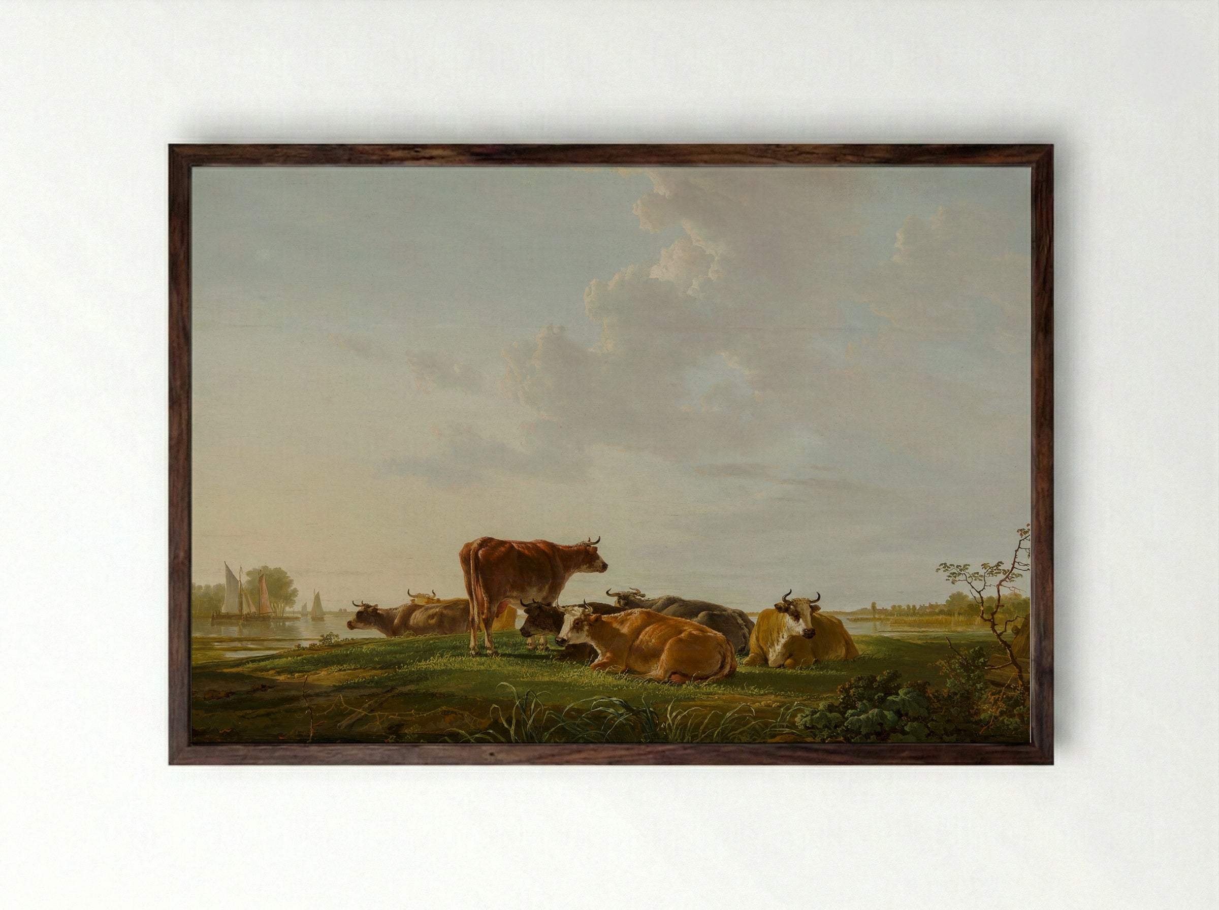 Rustend vee aan een bosrand bij een poel - Jacob van Strij - Framed Print Dark Wood