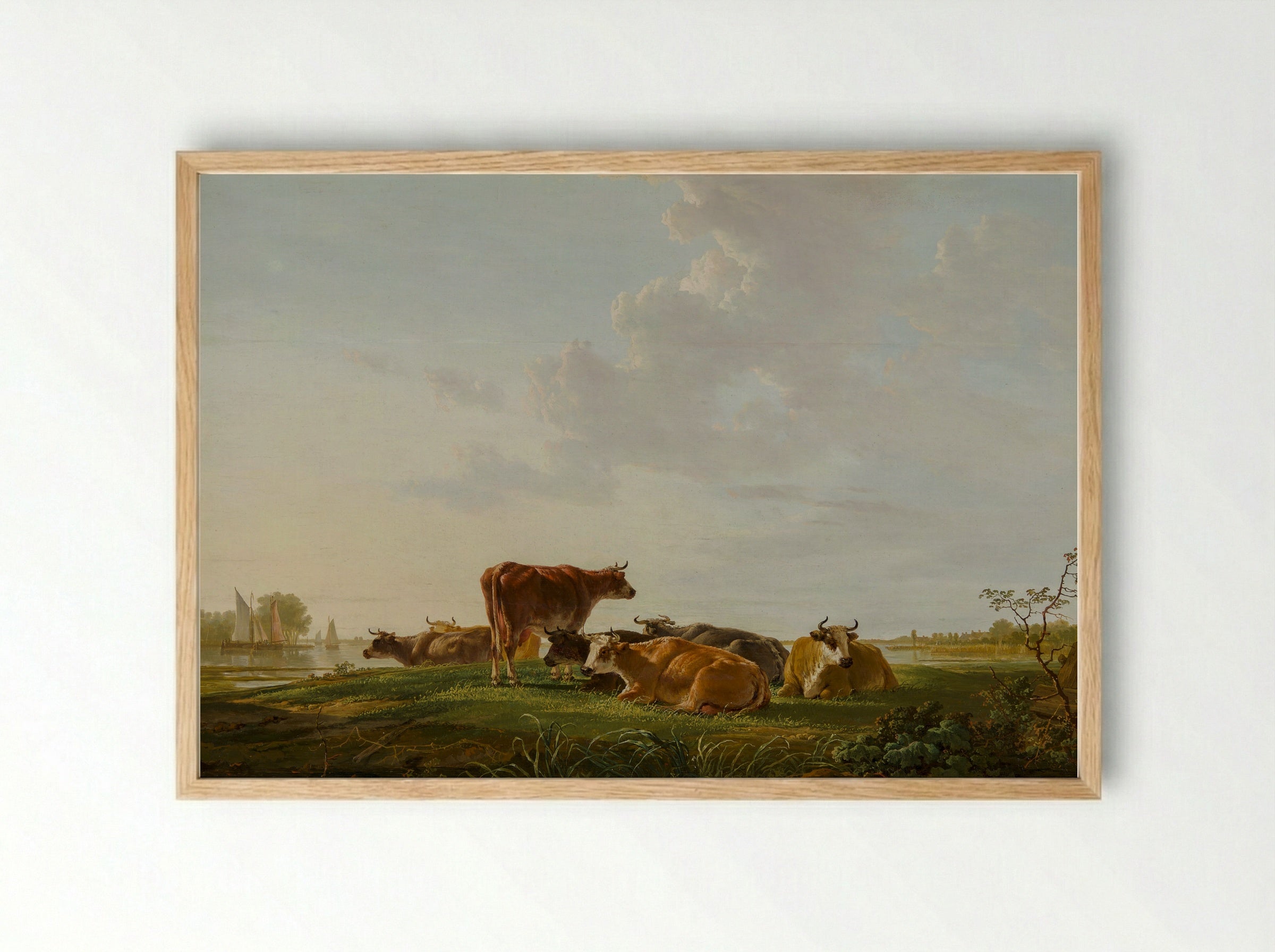 Rustend vee aan een bosrand bij een poel - Jacob van Strij - Framed Print Wood