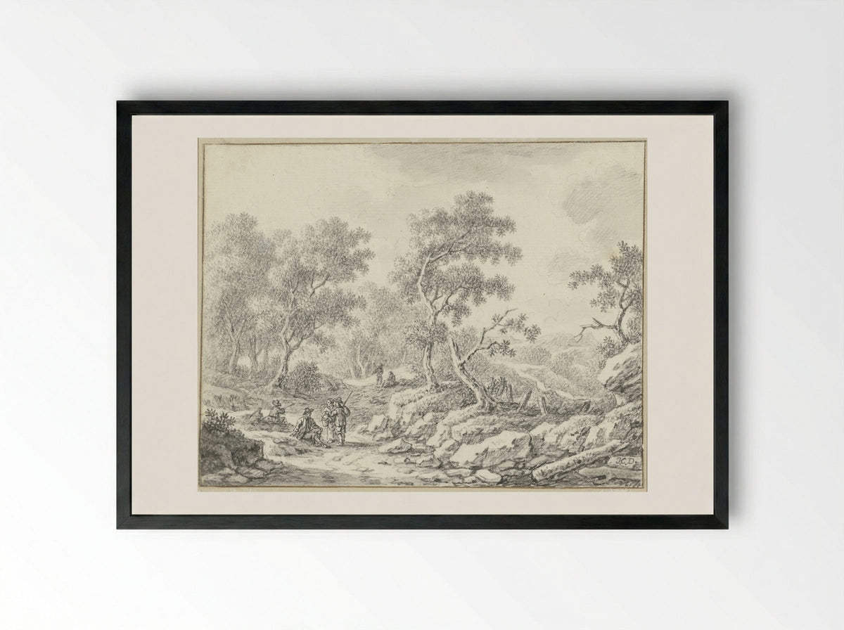 Rustende en wandelende personen in boomrijk landschap - Johann Christoph Dietzsch - Framed Print Black