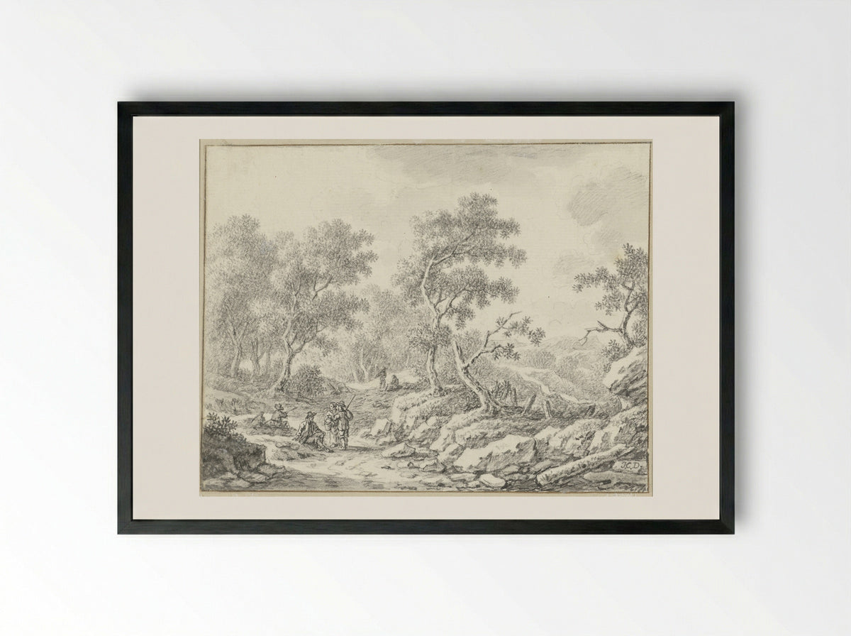 Rustende en wandelende personen in boomrijk landschap - Johann Christoph Dietzsch - Framed Print Black