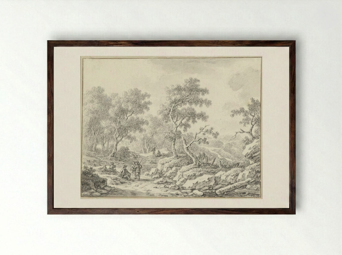 Rustende en wandelende personen in boomrijk landschap - Johann Christoph Dietzsch - Framed Print Dark Wood