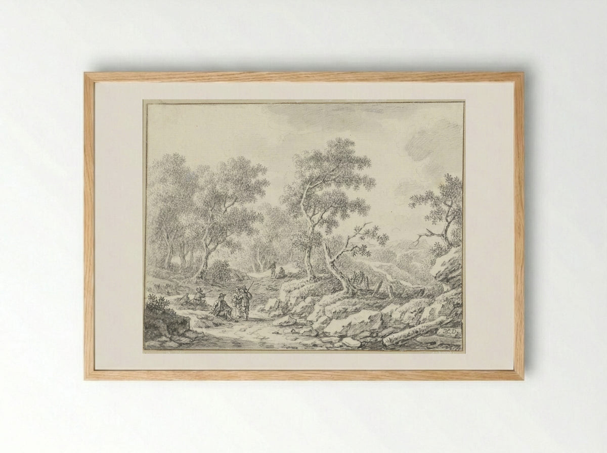 Rustende en wandelende personen in boomrijk landschap - Johann Christoph Dietzsch - Framed Print Wood