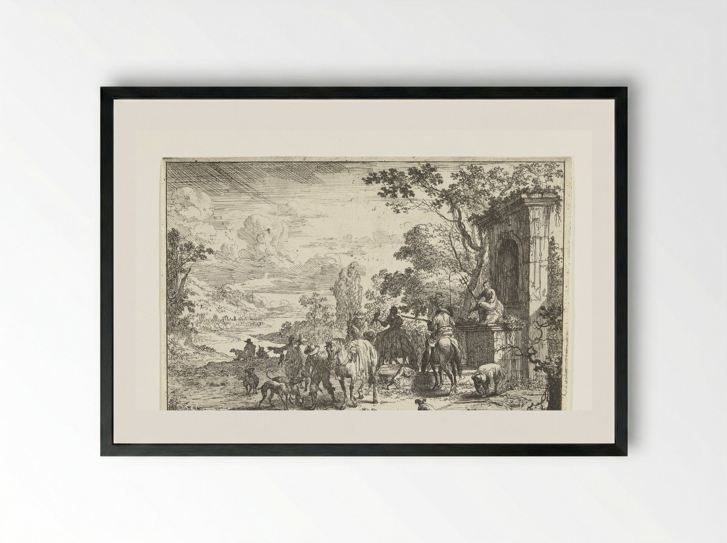 Rustende jagers bij een Neptunusfontein - Pieter Bout - Framed Print Black