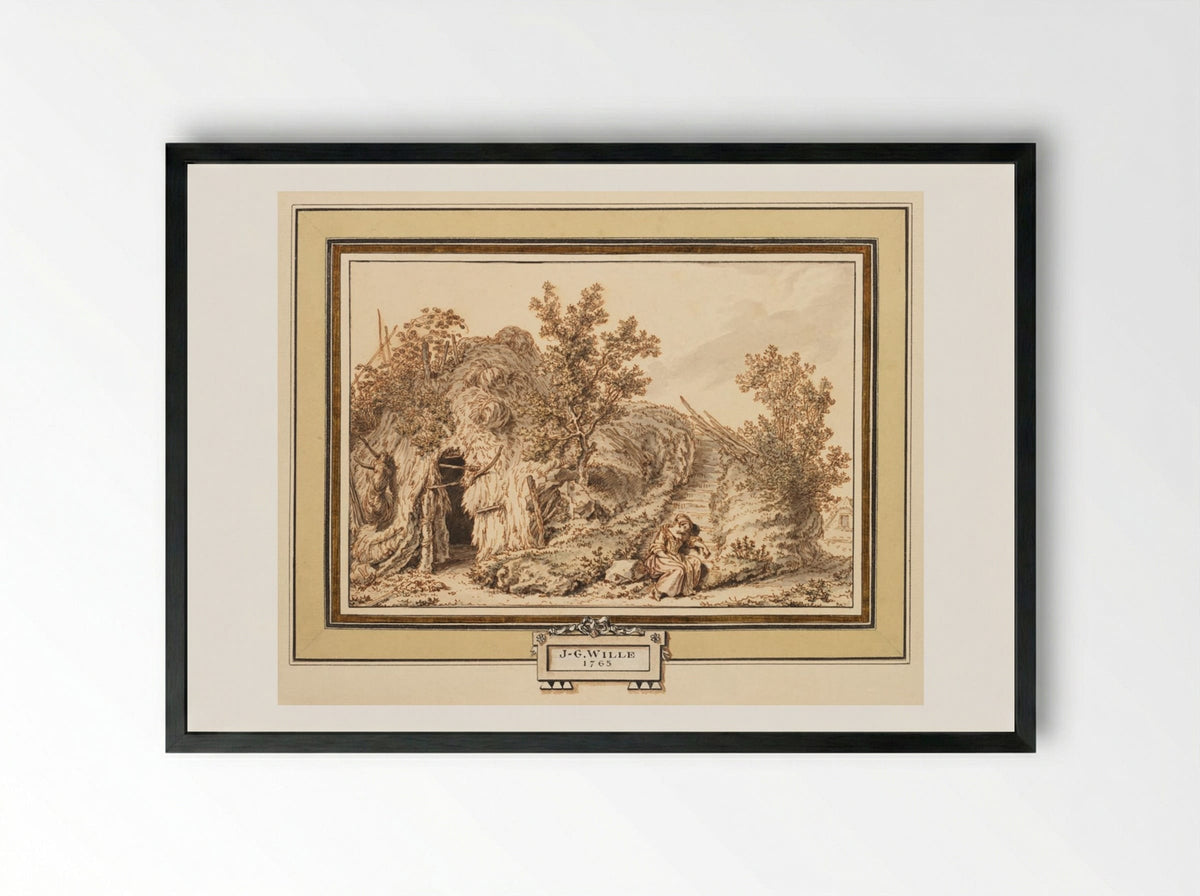 Rustic Cottage with Seated Woman - Johann Georg Wille - Framed Print Black