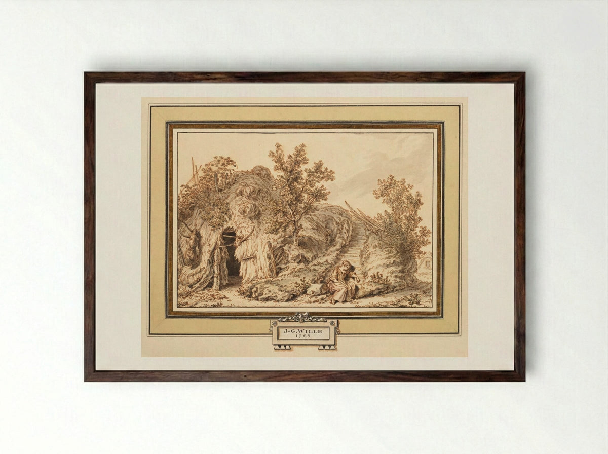 Rustic Cottage with Seated Woman - Johann Georg Wille - Framed Print Dark Wood