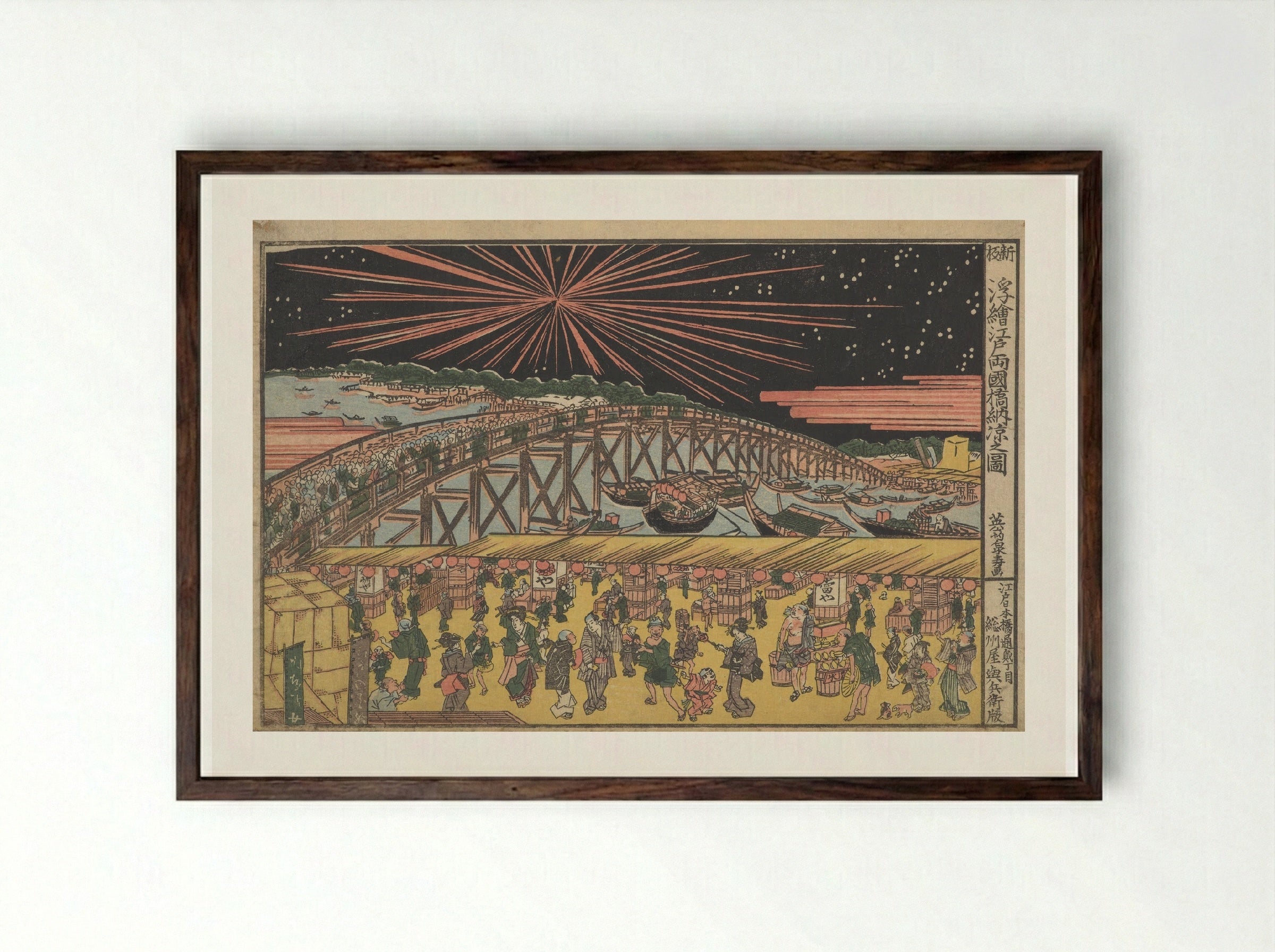 Ryogoku Bridge in Summer - Keisai Eisen - Framed Print Dark Wood