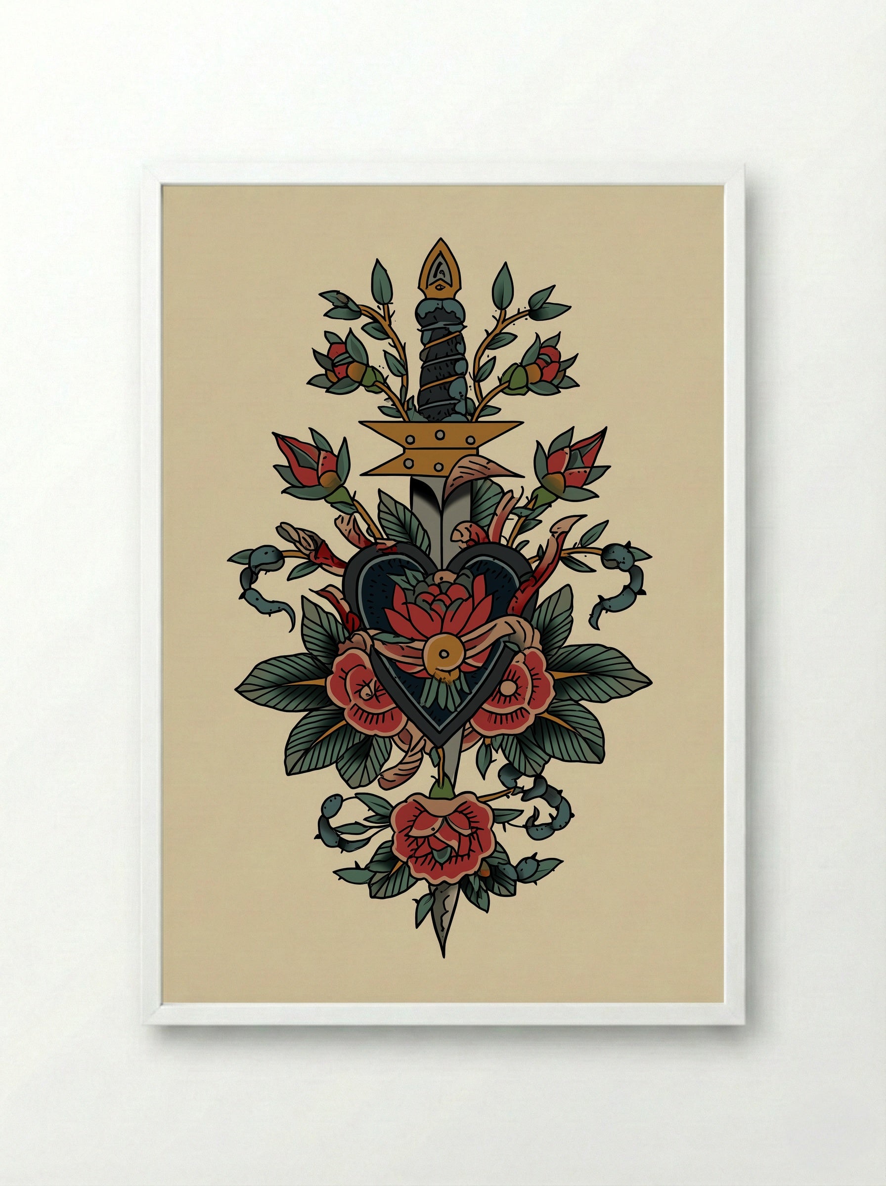 Sacred Heart and Dagger - Neo Traditional Tattoo Print - Framed Print White