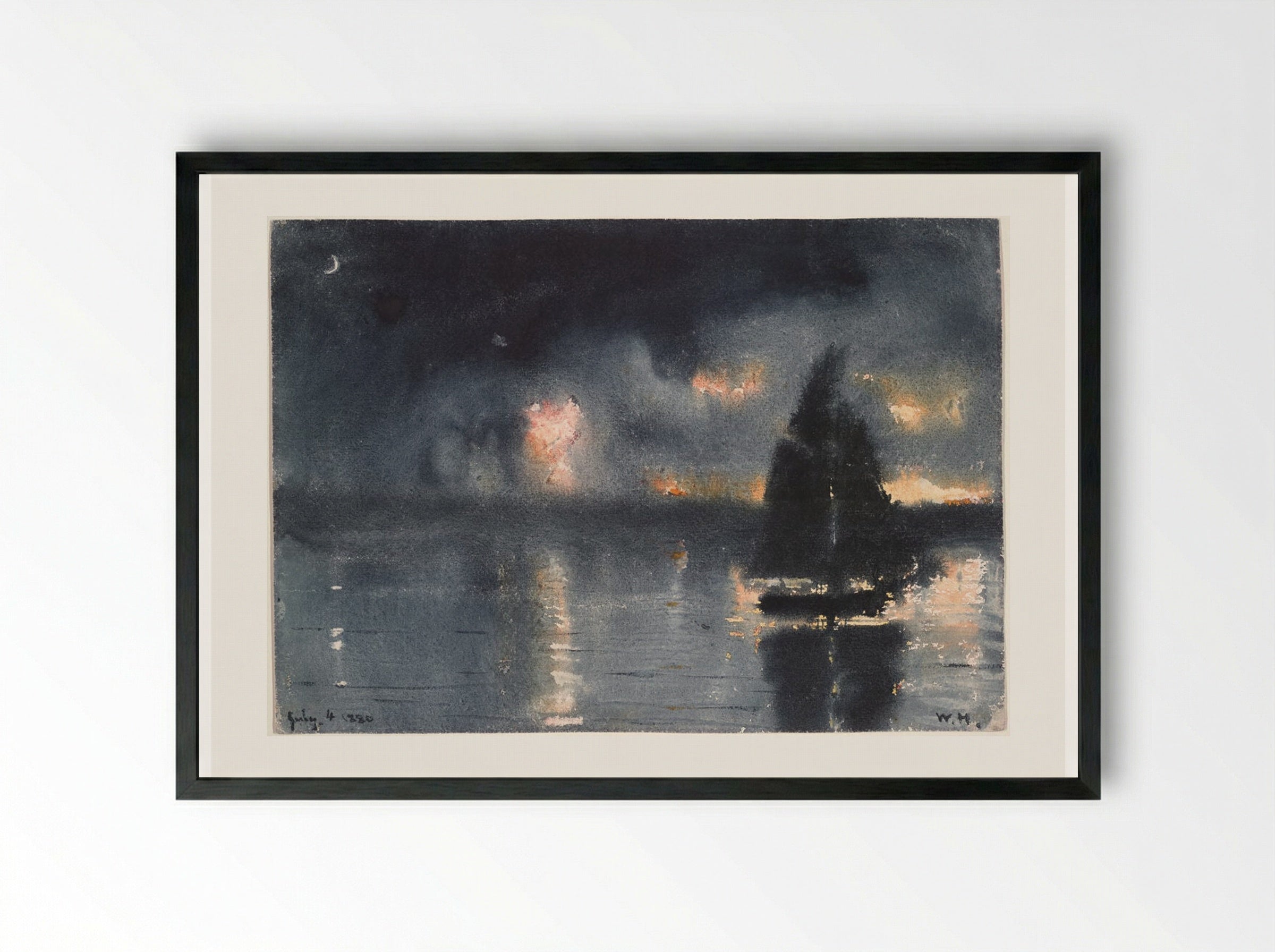 Sailboat and Fourth of July Fireworks - Winslow Homer - Framed Print Black